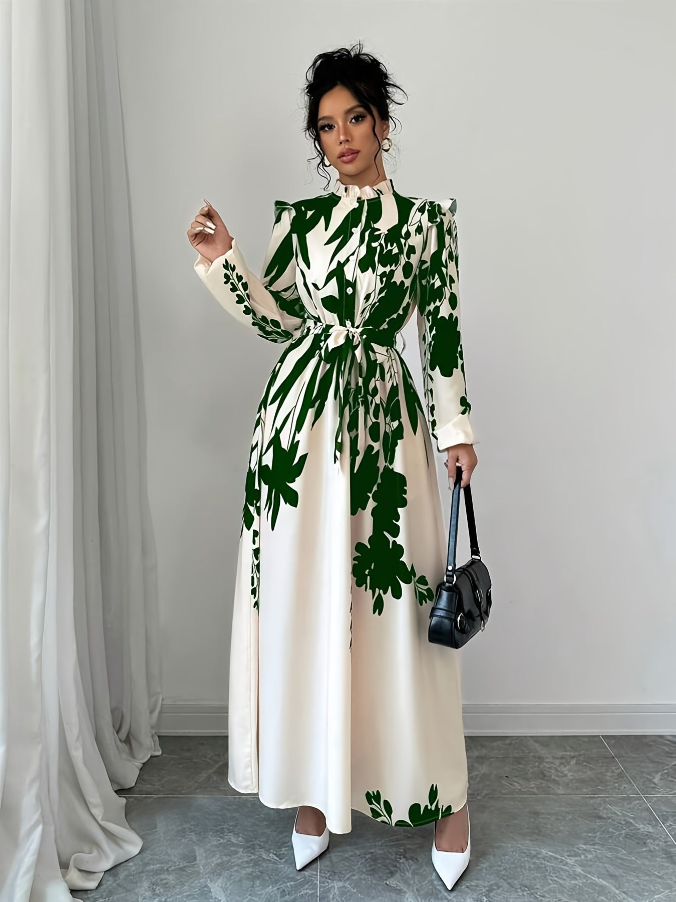 Long Sleeve Polyester A-Line Maxi Dress with Elegant Floral Print, Stand Collar, Waist Detail, Lantern Sleeves, and Ruffle Hem for Spring/Fall