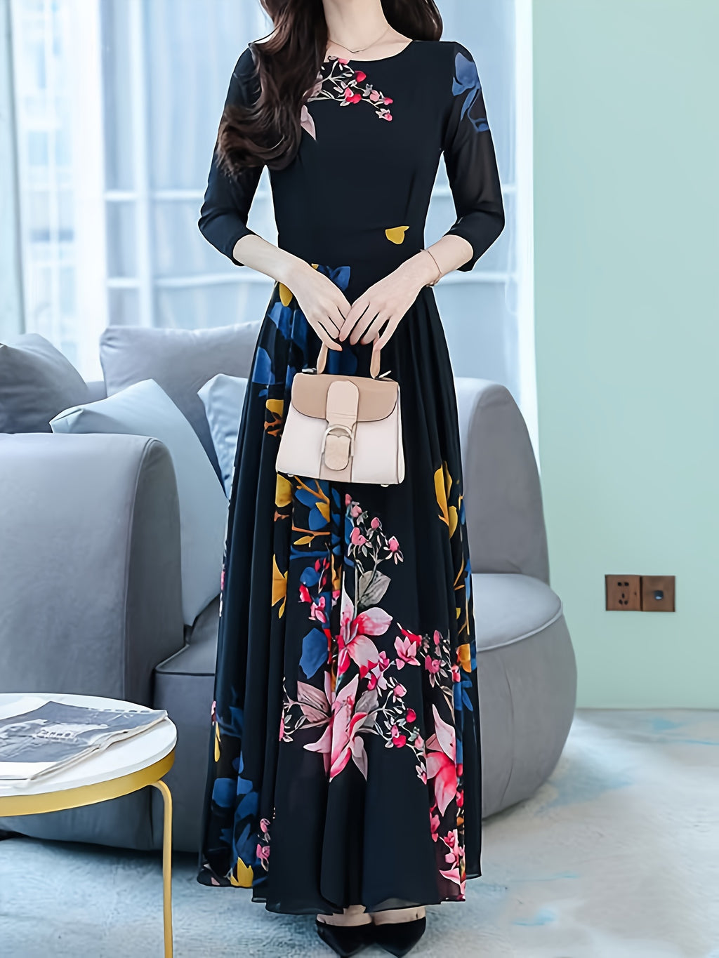 Women'S Elegant Black Floral Print Round Neck A-Line Dress - Lightweight Polyester, Spring/Fall Casual to Semi-Formal Wear, Hand Wash Only