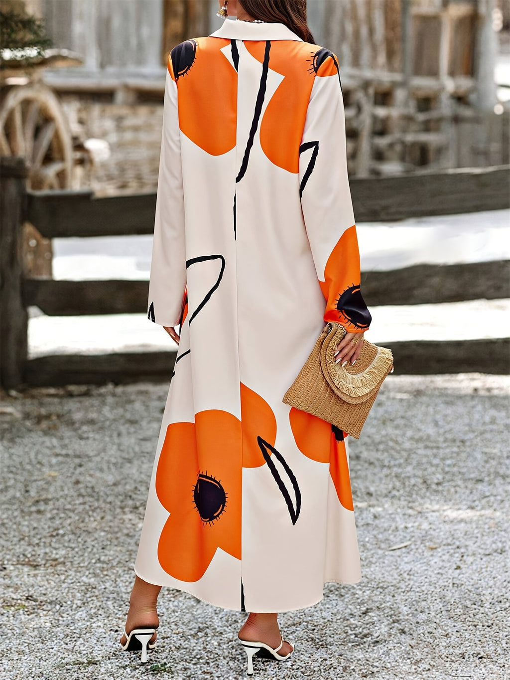 Casual Chic | Women's Elegant Floral Print Long Sleeve Dress - Navy Blue and White, Button-Up Shirt Style, Polyester, Machine Washable