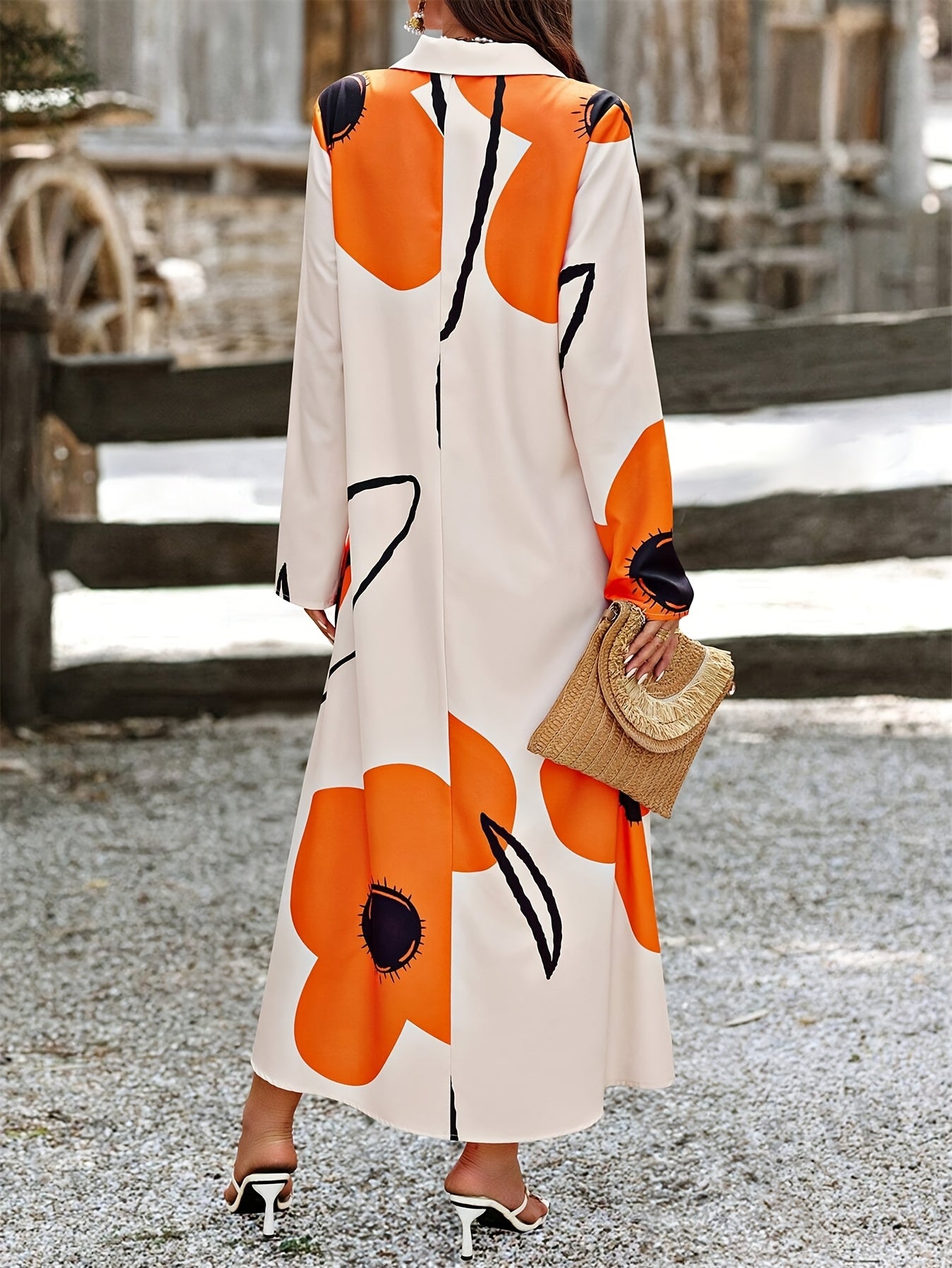 Casual Chic | Women's Elegant Floral Print Long Sleeve Dress - Navy Blue and White, Button-Up Shirt Style, Polyester, Machine Washable