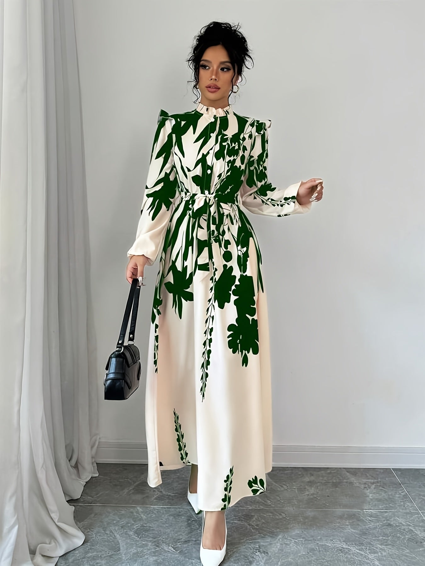 Long Sleeve Polyester A-Line Maxi Dress with Elegant Floral Print, Stand Collar, Waist Detail, Lantern Sleeves, and Ruffle Hem for Spring/Fall