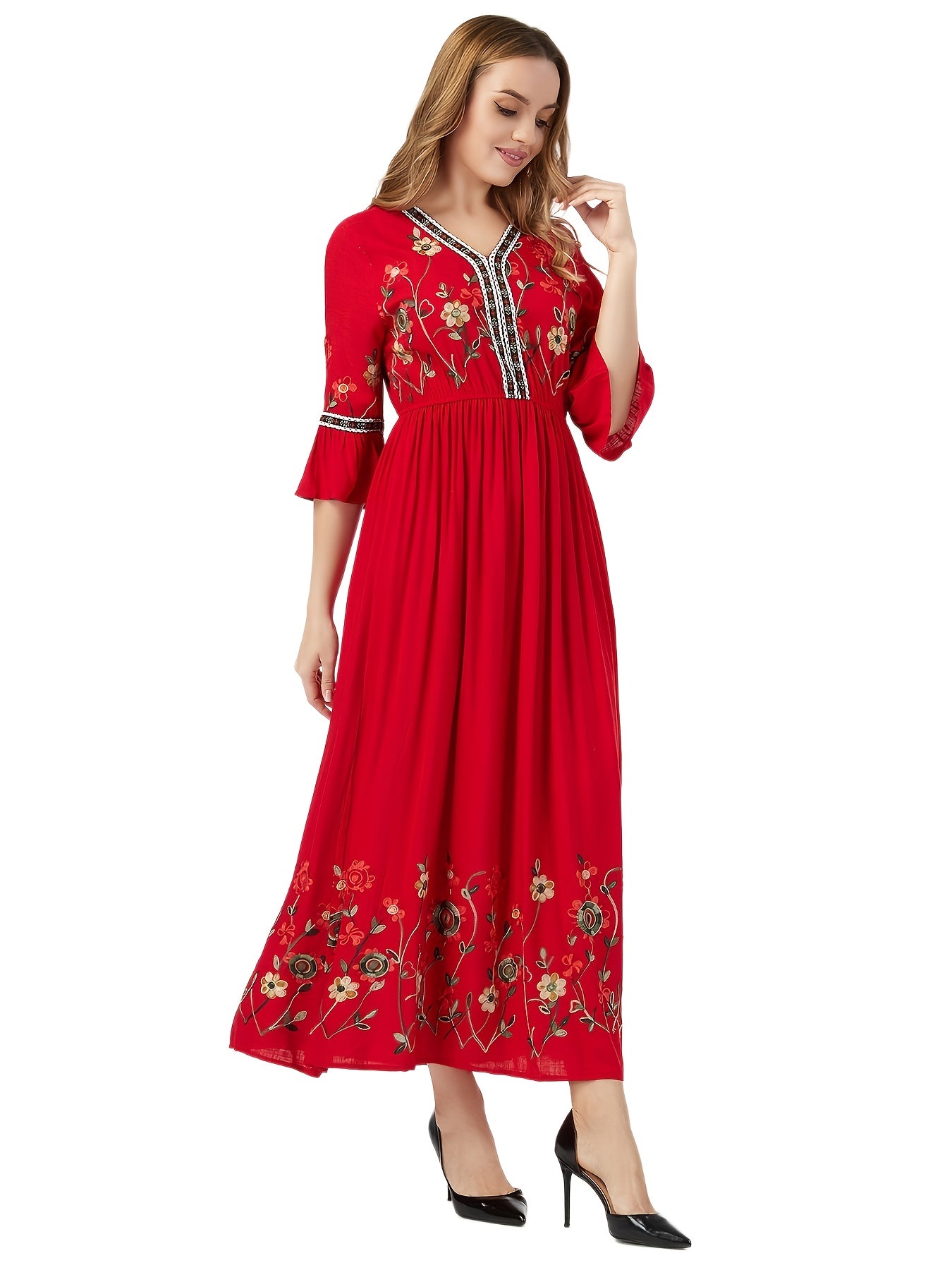 Elegant Green Embroidered Maxi Dress with V-Neck and Ruffle Sleeves - Floral Pattern, Long Length, Perfect for Adult Women, All-Season Wear, Floral Dress