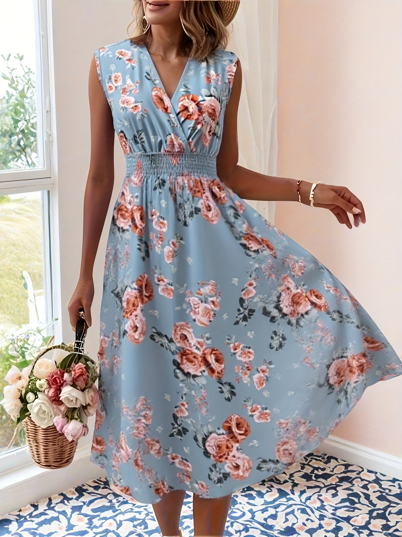 Women's Elegant Floral Print Midi Dress - V-Neck Sleeveless A-Line with Smocked Waist, Vibrant Red Flowers & Green Leaves, Machine Washable Spring Summer Casual & Semi-Formal Dress, Daytime Occasion Wear, Comfortable Fit, Feminine Style