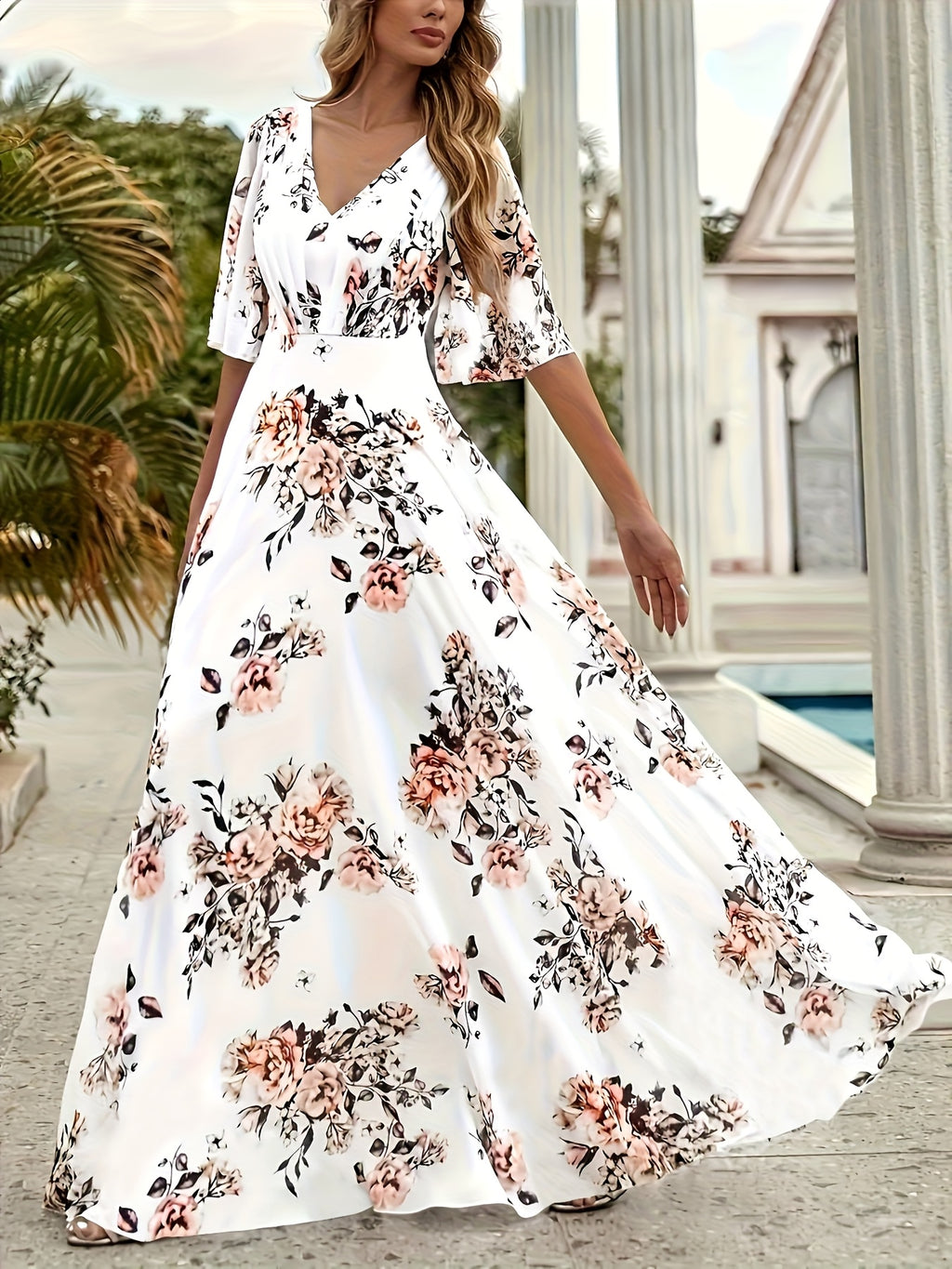 Women's Elegant V-Neck Short Sleeve A-Line Dress - Ditsy Floral Print in Soft Pink & White, Lightweight Breathable Fabric, Hand Wash Only, Spring Summer Casual Beach Party Wear, Beach Dresses, Summer Fashion, Relaxed Fit