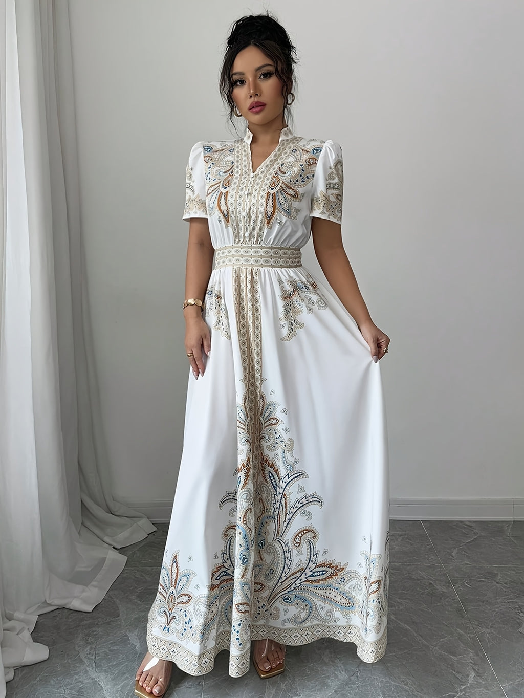 Bohemian Style Floral Print Waist-Cinched Short Bubble Sleeve Dress