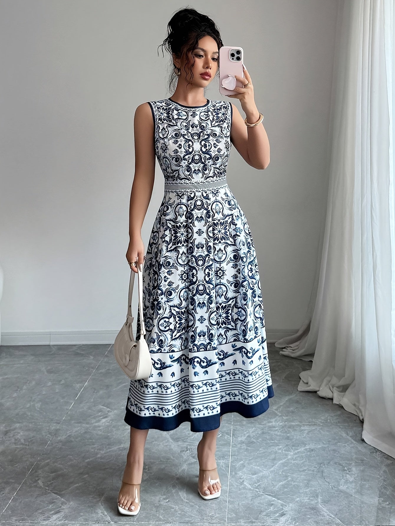 [Floral Print Midi Dress] Lightweight Polyester Floral Print Midi Dress for Women - Elegant Sleeveless, High-Low Hem, Round Neck, Perfect for Spring/Summer Vacations, Cute Dress