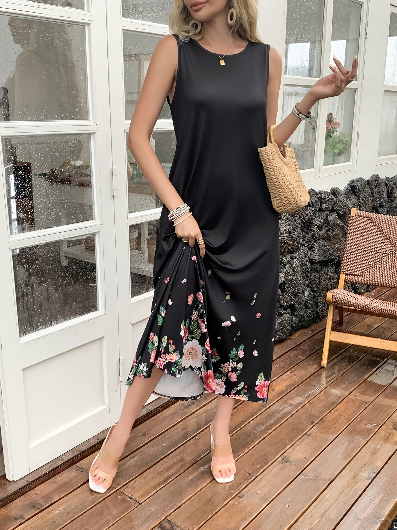 Women's New Digital Printing Holiday Leisure Elegant Business Commuter Evening Dresses Holiday Gift Pocket Suspender Dress