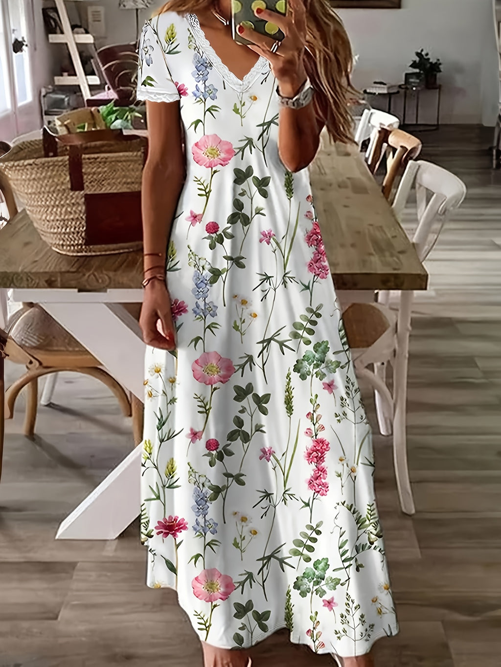 [Cute Summer Dress] Lightweight Breathable Floral Print Women's A-Line Dress | V-Neck Casual Summer Dress with Lace Trim - Machine Washable for Vacation, Brunch & Beach Outings