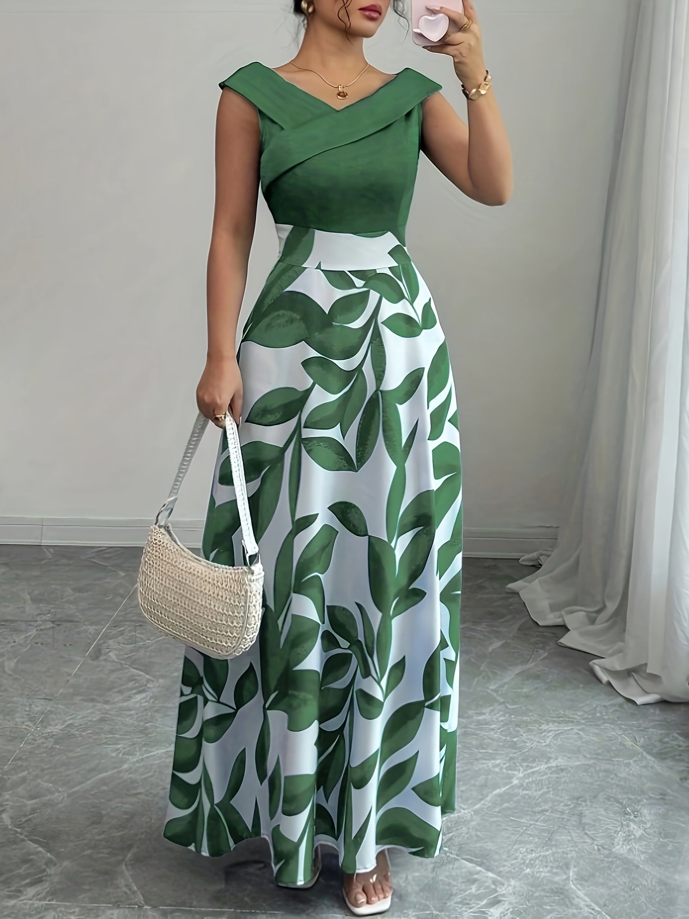 Elegant V-Neck Floral Print A-Line Maxi Dress with Pockets - Green Leaf Pattern, Short Sleeve, Cinched Waist, Flowy Skirt, Perfect for Summer, Casual to Formal Wear, Casual Summer Dress | Vneck Dress | Cinched Waist Design
