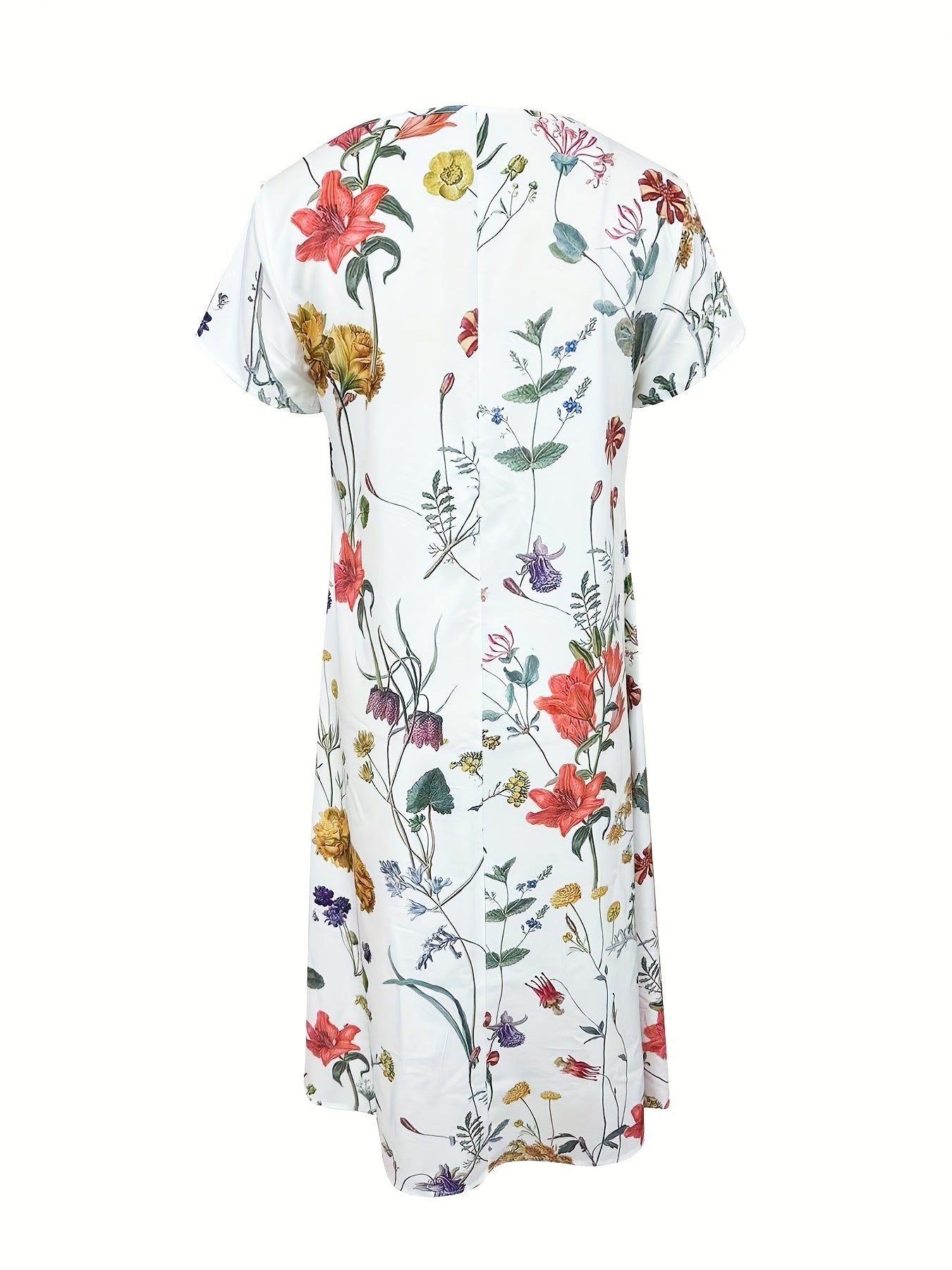 Women's Floral print A-Line dress - Non-Stretchy flared skirt, Orange/Blue/Green/White Floral pattern - Everyday & Formal Outfits - Machine Washable Women's Clothing, Vacation Outfit, Round Neckline, Breathable Material, Stylish Women