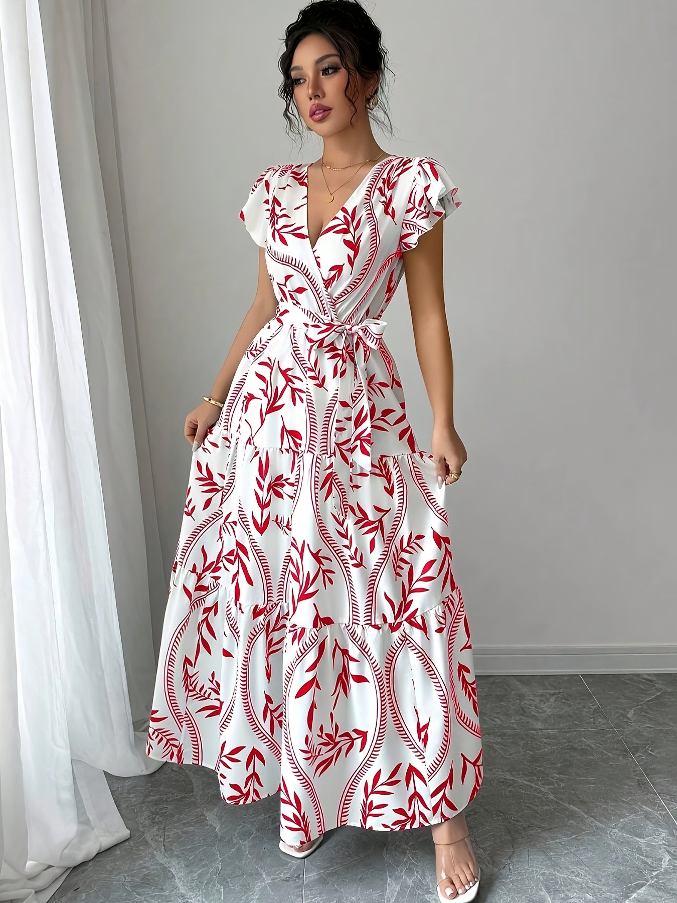 [Elegant Maxi Dress] Lightweight Polyester Elegant Summer Floral Print V-Neck Maxi Dress with Belt | Flowy A-Line Skirt, Short Sleeves, Perfect for Vacation or Casual Outings