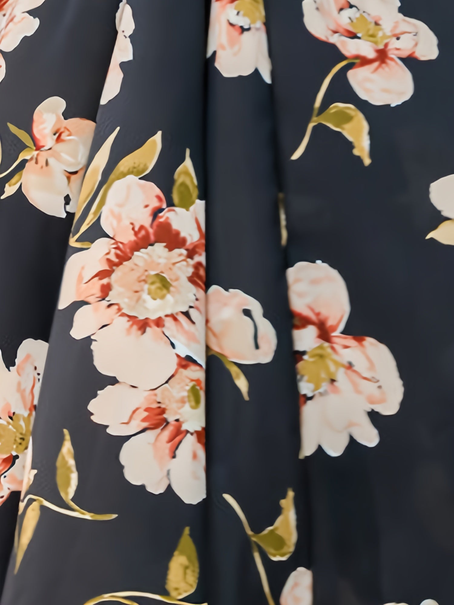 1pc Elegant Floral Print Long Sleeve V-Neck A-Line Dress for Women, Polyester Pendulum Style, Waist Design, Ruffle Trim, Perfect for Spring/Fall - Adult