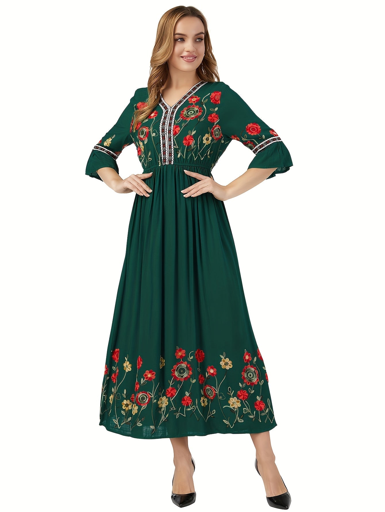 Elegant Green Embroidered Maxi Dress with V-Neck and Ruffle Sleeves - Floral Pattern, Long Length, Perfect for Adult Women, All-Season Wear, Floral Dress