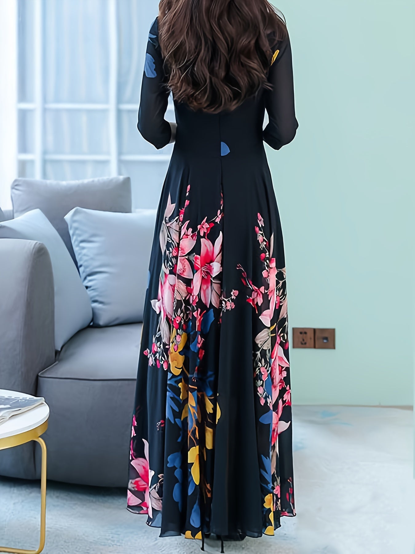Women'S Elegant Black Floral Print Round Neck A-Line Dress - Lightweight Polyester, Spring/Fall Casual to Semi-Formal Wear, Hand Wash Only