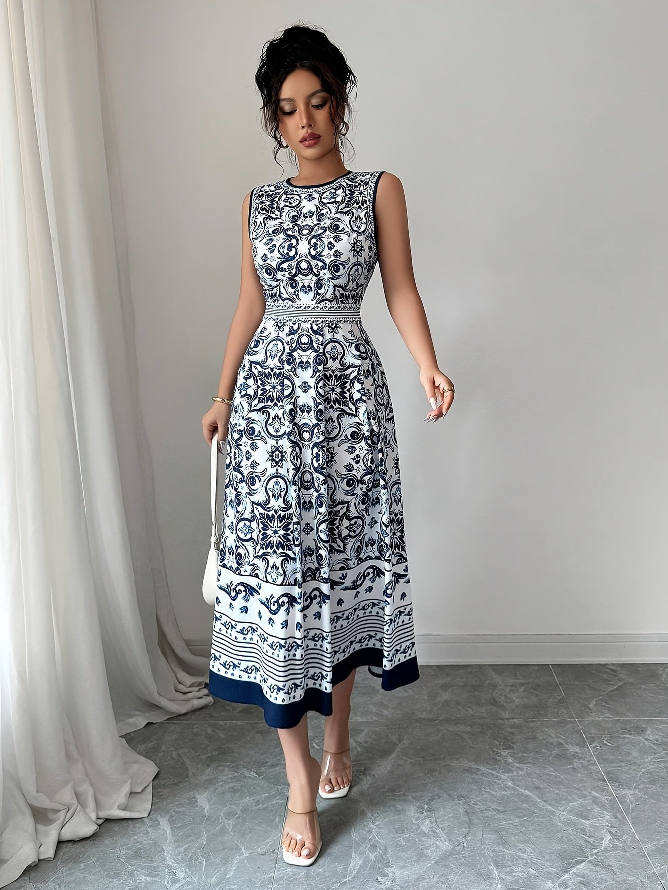 [Floral Print Midi Dress] Lightweight Polyester Floral Print Midi Dress for Women - Elegant Sleeveless, High-Low Hem, Round Neck, Perfect for Spring/Summer Vacations, Cute Dress