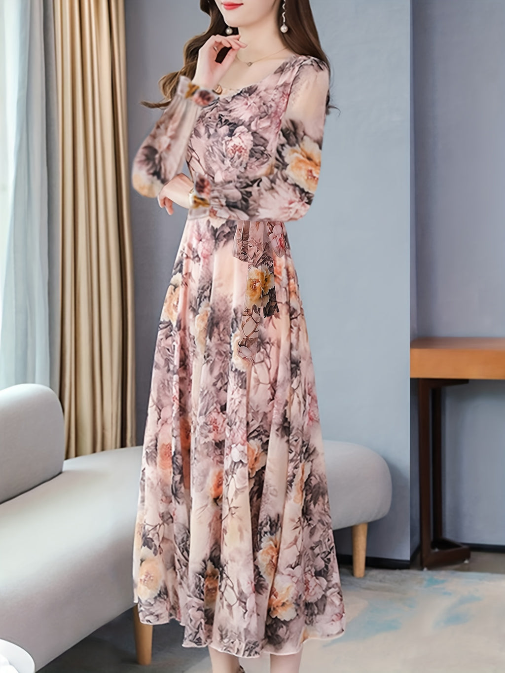 [Y3 Floral Dress] Y3 Women's Floral Print A-Line Dress | Elastic Waist Long Sleeve Round Neck Machine Washable | Pink Blue Gray Floral Dress for Casual & Formal Occasions