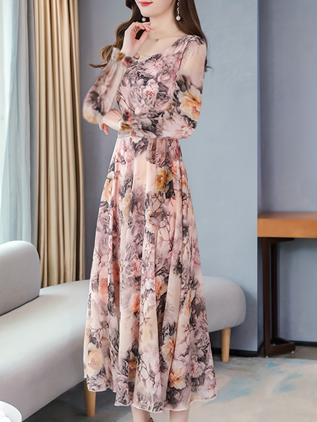 [Y3 Floral Dress] Y3 Women's Floral Print A-Line Dress | Elastic Waist Long Sleeve Round Neck Machine Washable | Pink Blue Gray Floral Dress for Casual & Formal Occasions