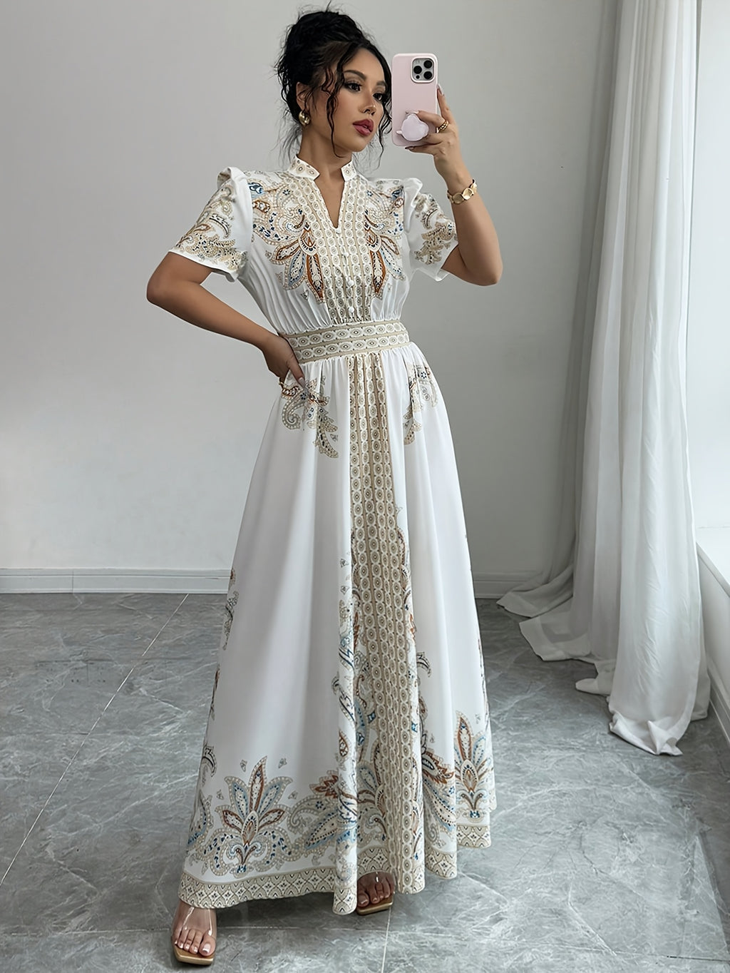 Bohemian Style Floral Print Waist-Cinched Short Bubble Sleeve Dress