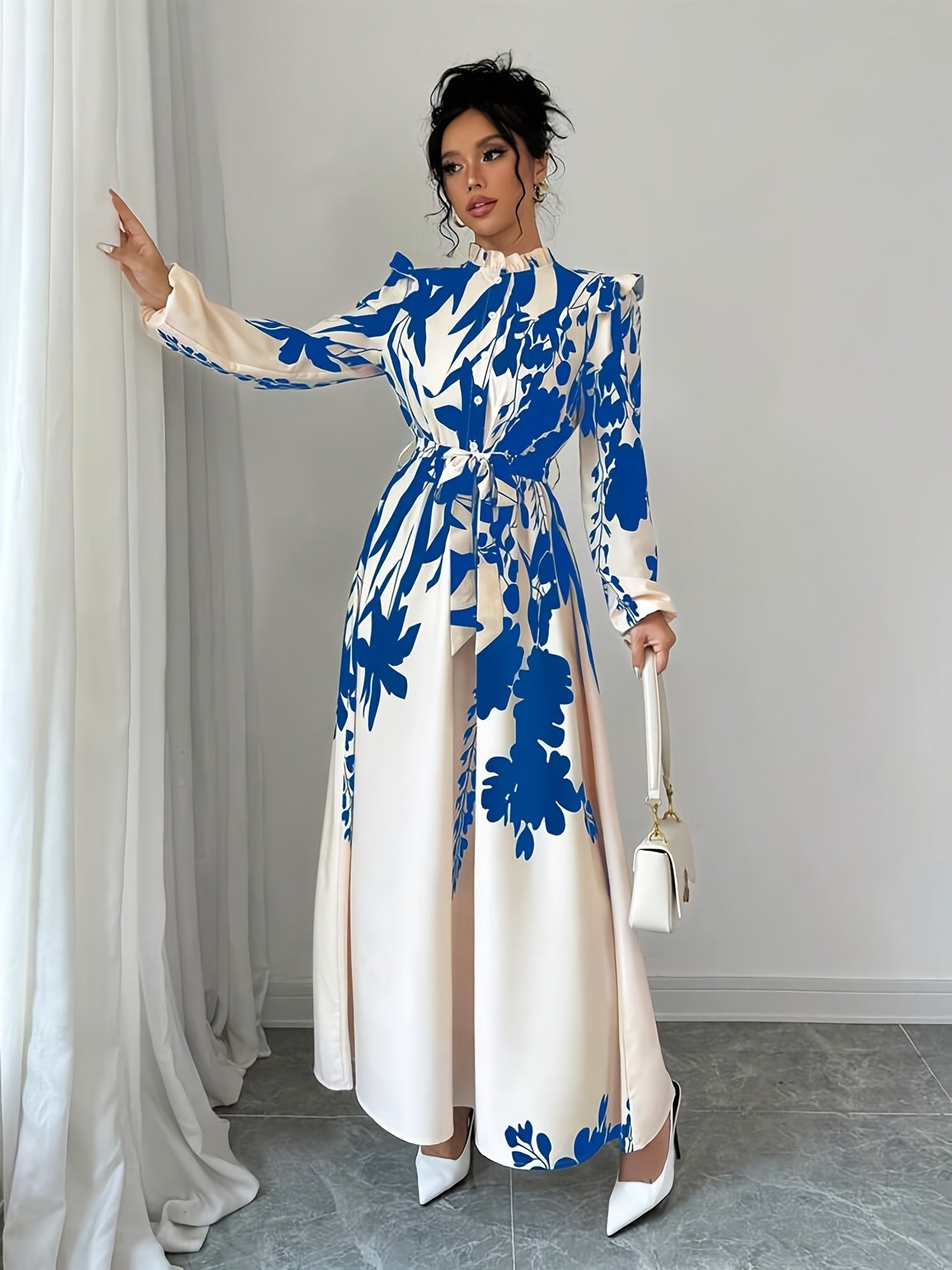 Long Sleeve Polyester A-Line Maxi Dress with Elegant Floral Print, Stand Collar, Waist Detail, Lantern Sleeves, and Ruffle Hem for Spring/Fall