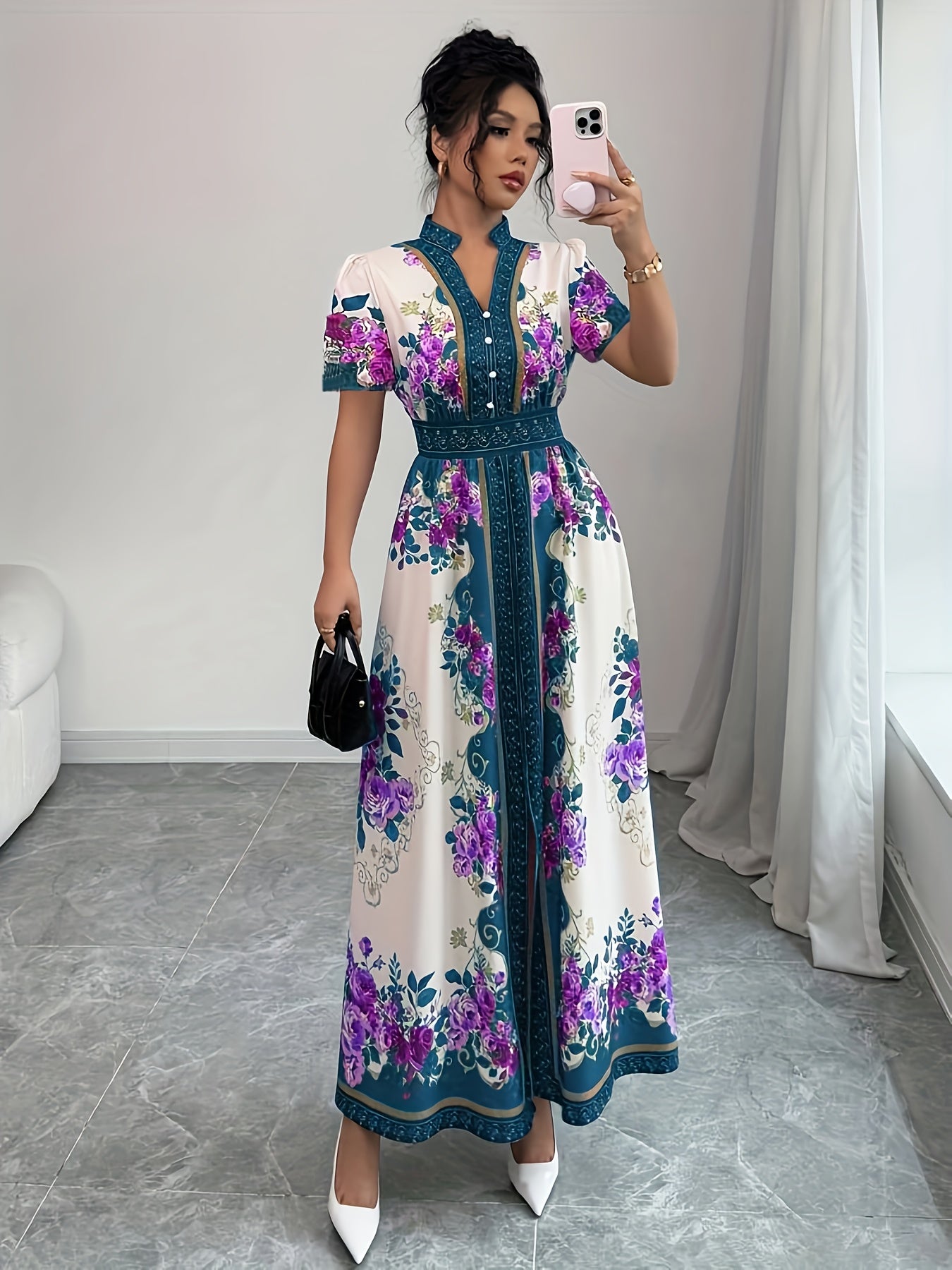 Women's Floral Print Elegant A-Line Dress with Stand-Up Collar & Puff Short Sleeves - Machine Washable Summer Long Dress with Side Slit, Regular Fit for Casual Formal Occasions, Cute Dresses