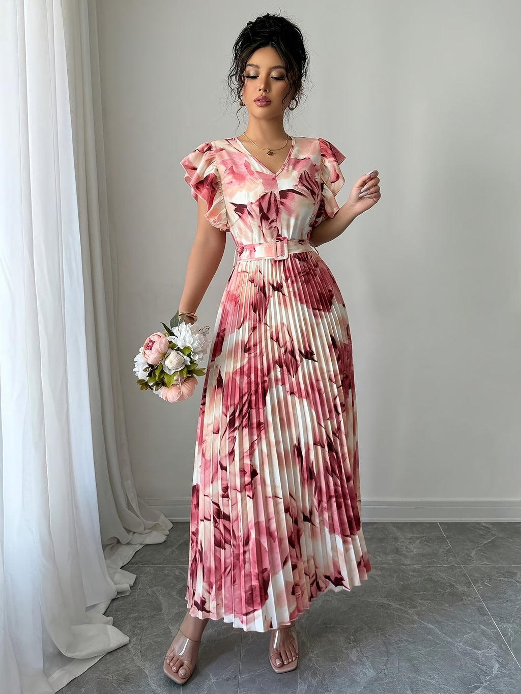 [Elegant Long Dress] Elegant Tie-Dye Floral Print Long Dress | Women's with Ruffle Hem, Pleated Design and Belt Detail, Perfect for Casual Daily Wear or Vacation