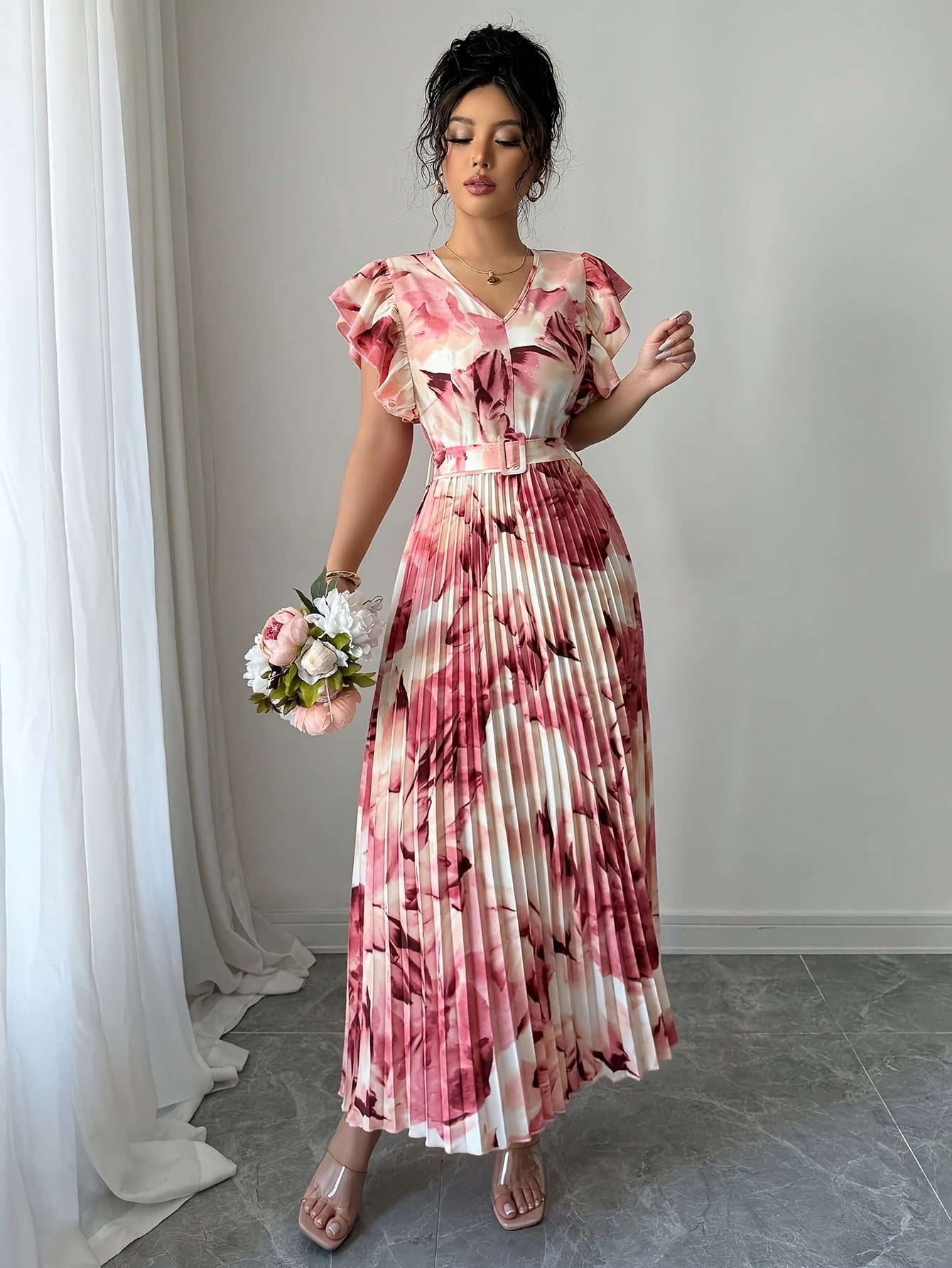 [Elegant Long Dress] Elegant Tie-Dye Floral Print Long Dress | Women's with Ruffle Hem, Pleated Design and Belt Detail, Perfect for Casual Daily Wear or Vacation