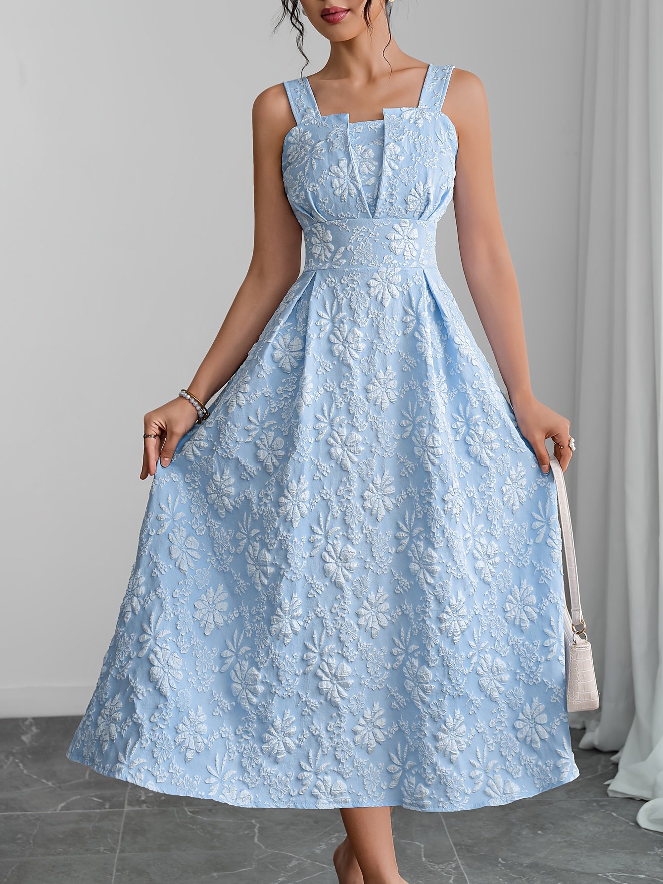 [Elegant Dress] Elegant Floral A-Line Dress | Sleeveless, Off-Shoulder Design with Back Zipper, Pink on Blush Color - Spring/Summer Collection, Casual Elegance, Cute Summer Dresses for Women