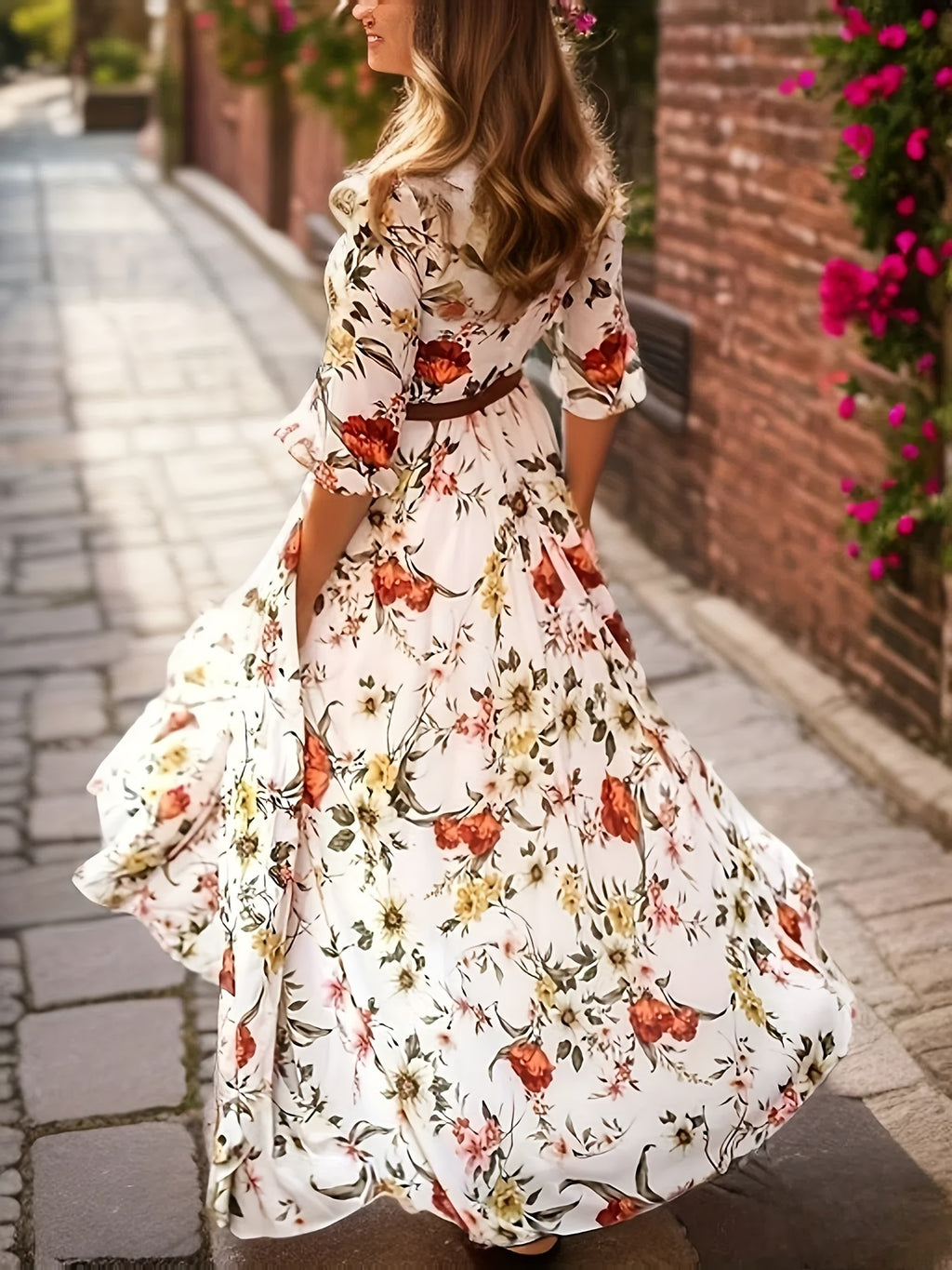 Elegant Women's Floral Swing Maxi Dress - 3/4 Length Lantern Sleeve, Ruffle Detail, White, Casual, Spring Summer Holiday Vacation Dress