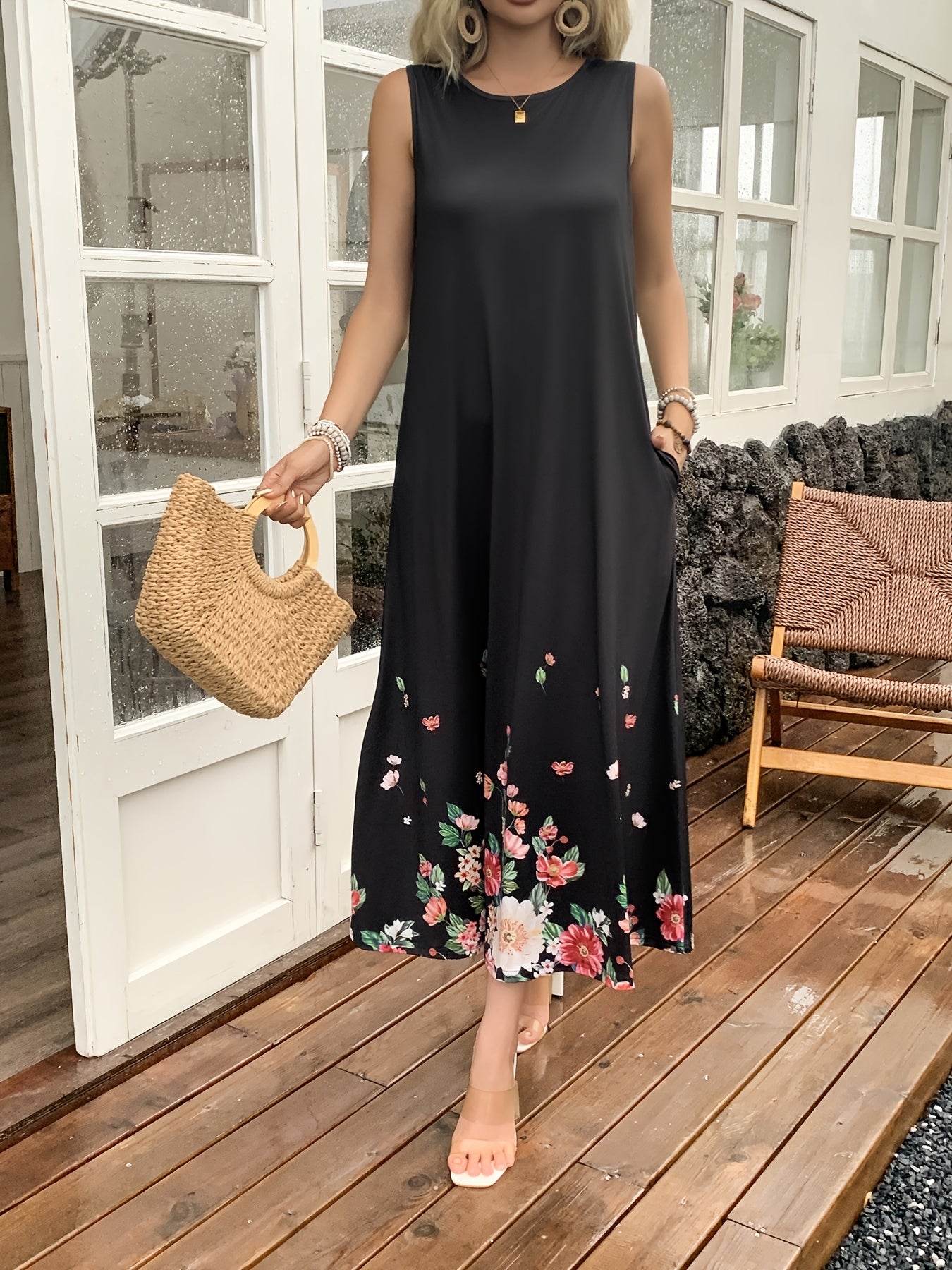 Women's New Digital Printing Holiday Leisure Elegant Business Commuter Evening Dresses Holiday Gift Pocket Suspender Dress