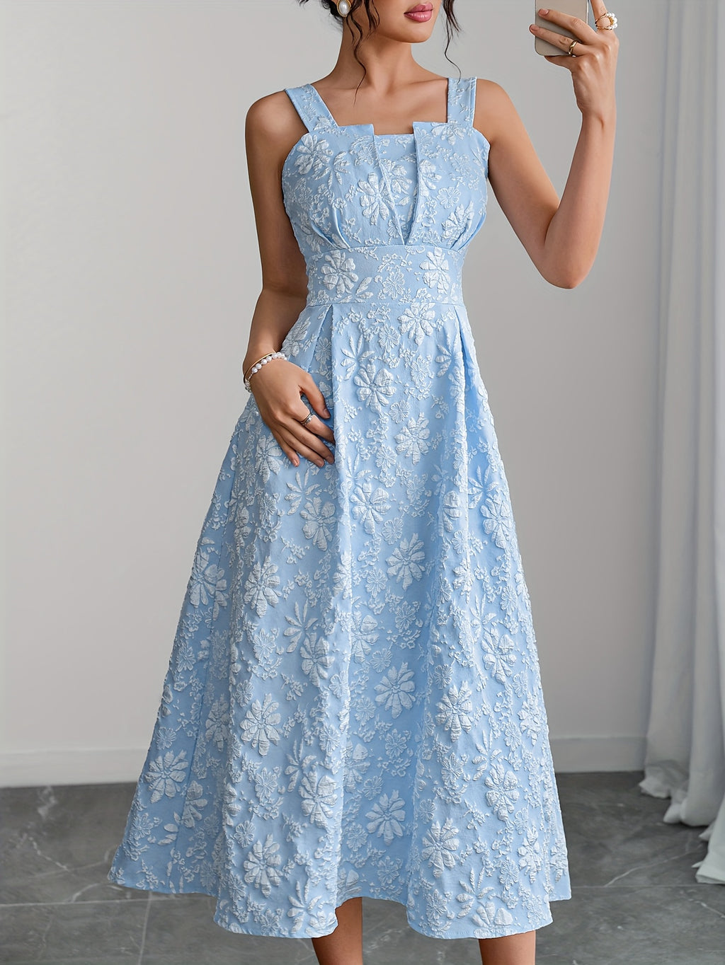 [Elegant Dress] Elegant Floral A-Line Dress | Sleeveless, Off-Shoulder Design with Back Zipper, Pink on Blush Color - Spring/Summer Collection, Casual Elegance, Cute Summer Dresses for Women