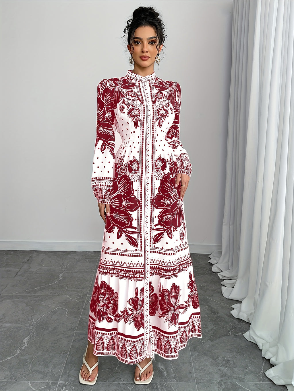 Directional Funding Development, Elegant Spring And Autumn Style from Europe And America, Small Stand-Up Collar with Button, Waist-Cinching, Lantern Long Sleeves, Floral Print, A-Line Long Shirt Dress.