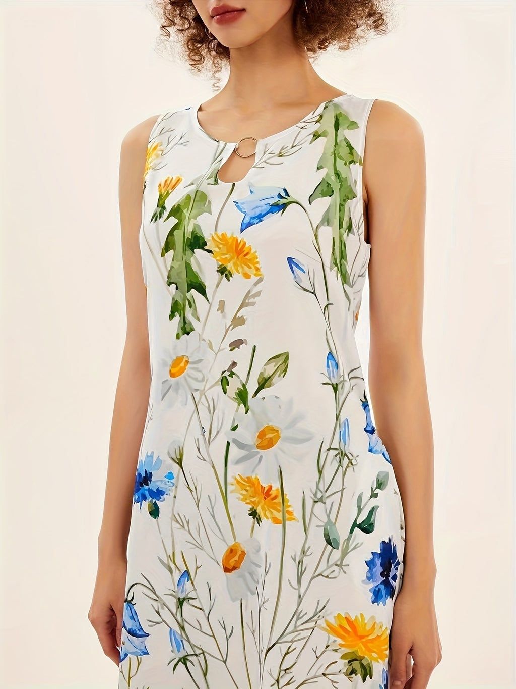 [Floral Dress] Vibrant Floral Print Women's A-Line Dress with Pockets | Sleeveless, Round Neck, Breathable Material, All-Season Casual to Formal Long Dress - Dry Clean Only, Blue Yellow Floral Pattern on White