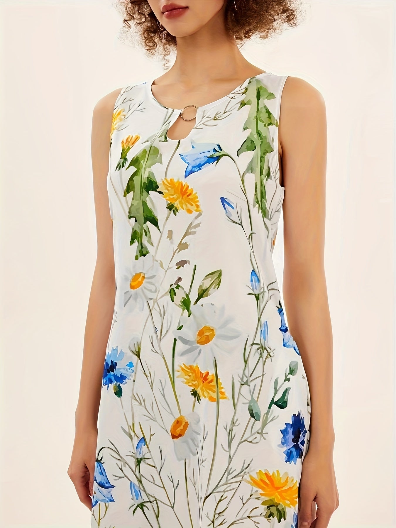 [Floral Dress] Vibrant Floral Print Women's A-Line Dress with Pockets | Sleeveless, Round Neck, Breathable Material, All-Season Casual to Formal Long Dress - Dry Clean Only, Blue Yellow Floral Pattern on White
