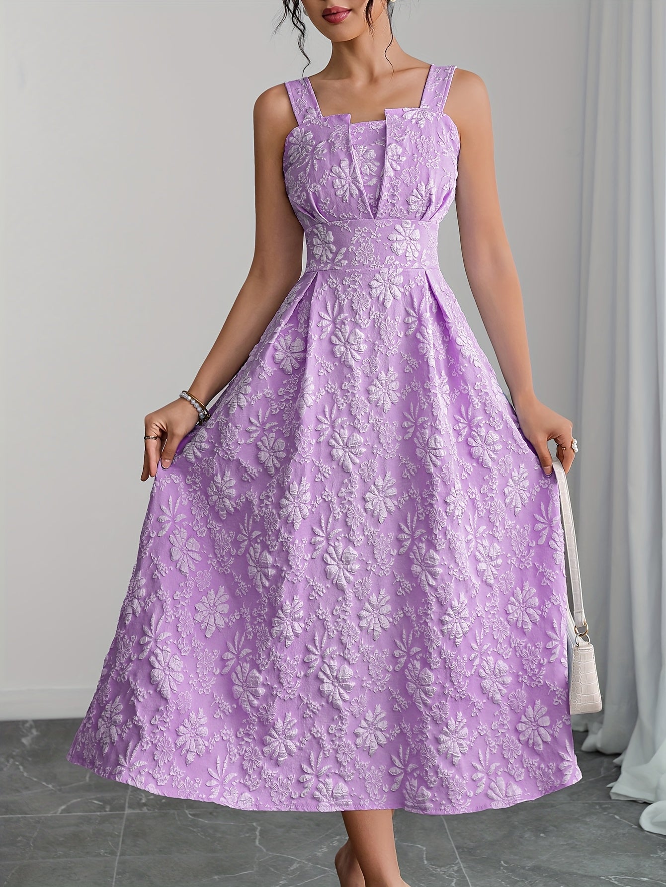 [Elegant Dress] Elegant Floral A-Line Dress | Sleeveless, Off-Shoulder Design with Back Zipper, Pink on Blush Color - Spring/Summer Collection, Casual Elegance, Cute Summer Dresses for Women