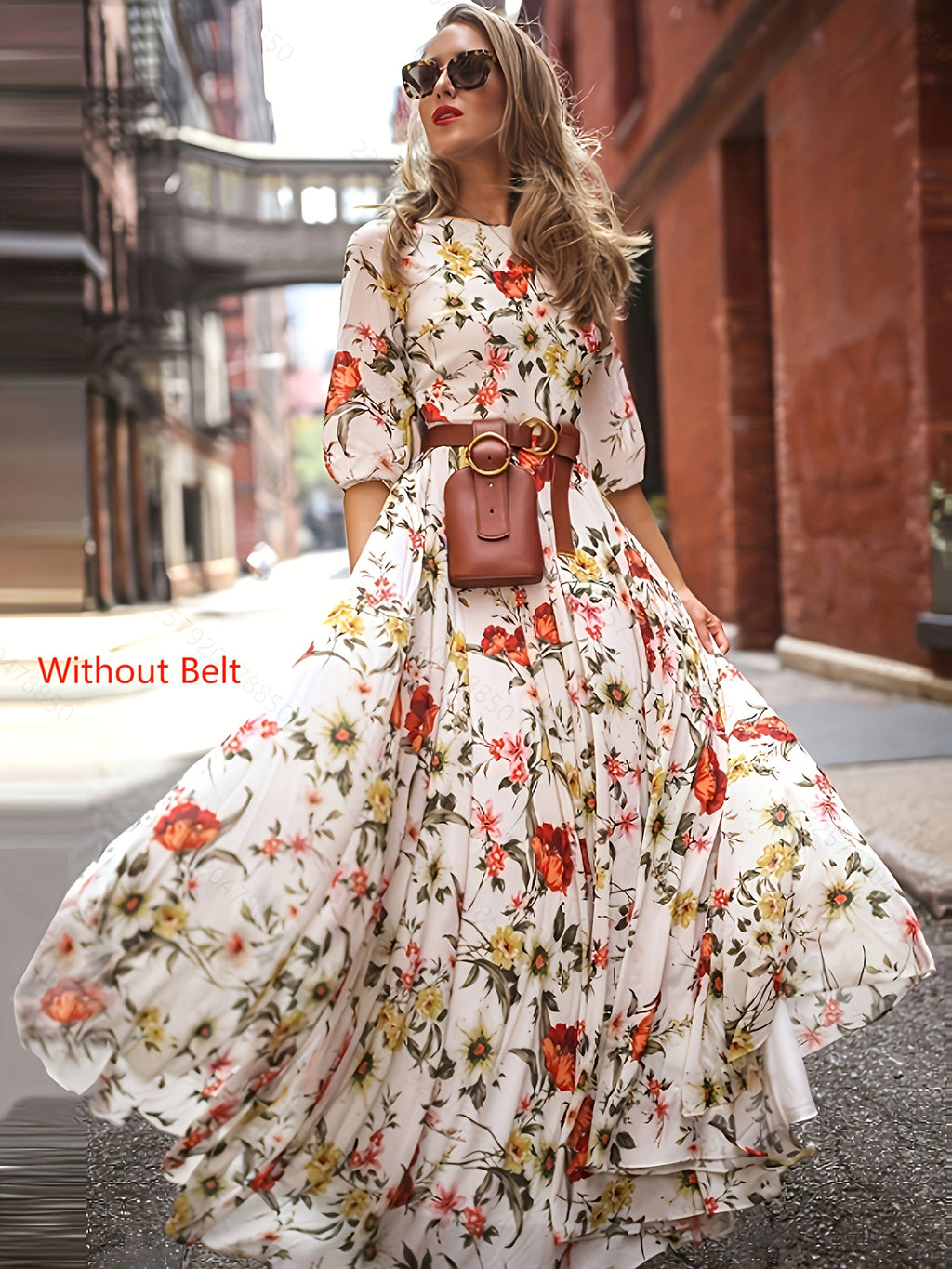 A high-quality floral print holiday dress, an elegant round-neck short-sleeved cinched-waist dress. A summer dress for women suitable for spring and summer