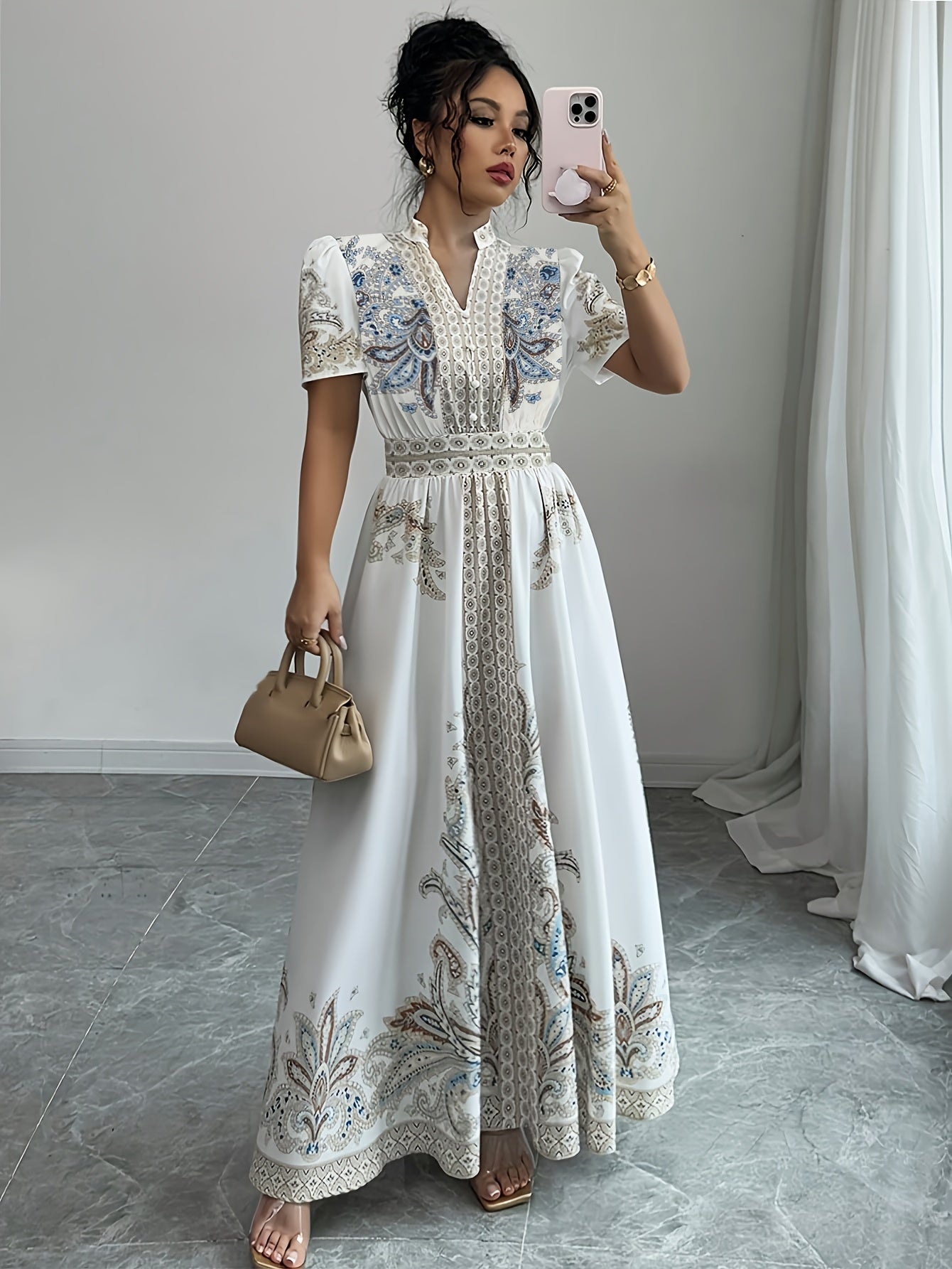 Bohemian Style Floral Print Waist-Cinched Short Bubble Sleeve Dress