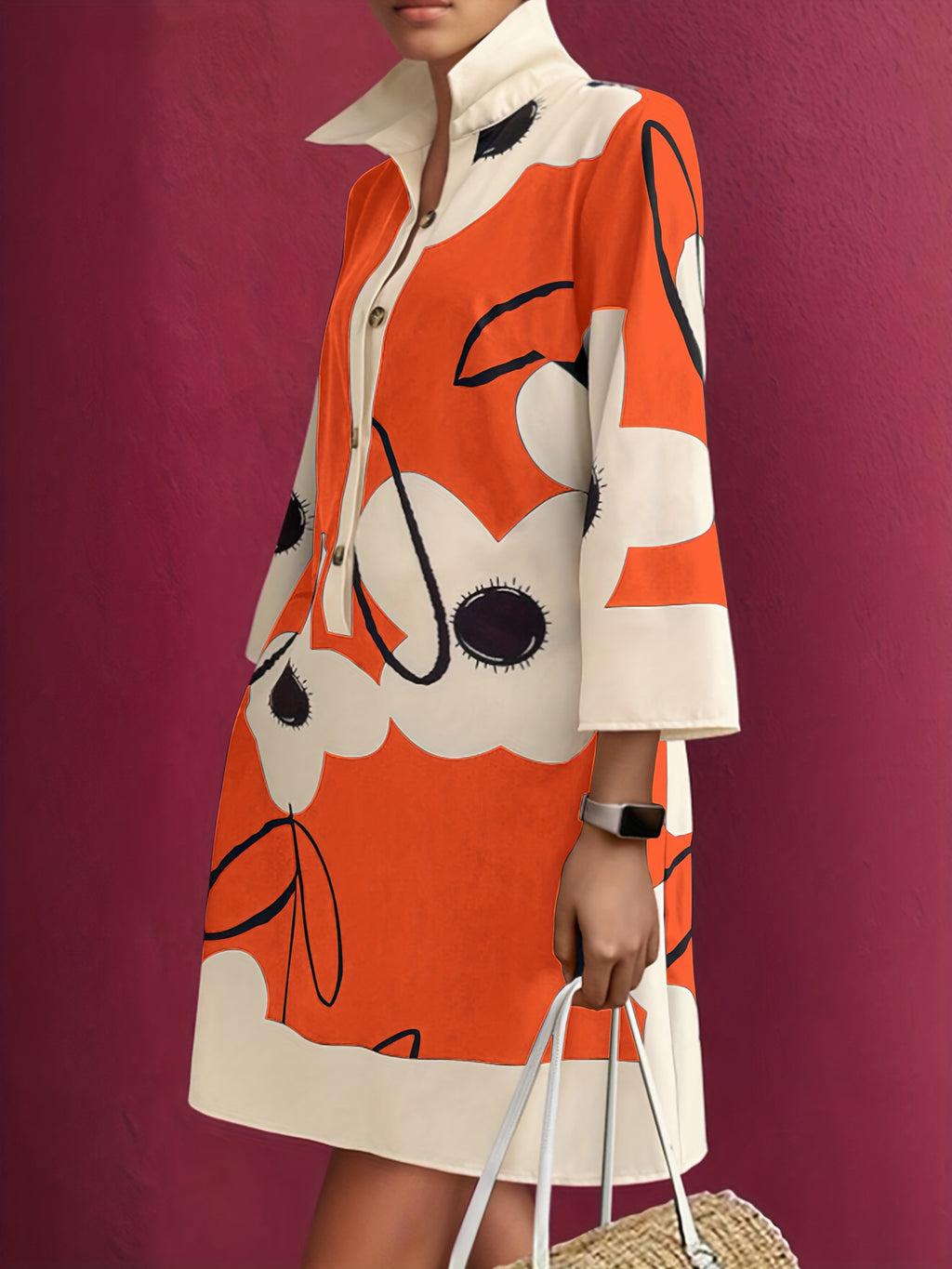 Women'S Loose Fit Floral Print Shirt Dress with Button Front, Long Sleeves, and Pockets - Casual Mid-Length A-Line Dress for All Seasons, Casual Attire | Floral Print Dress | Polyester Fabric