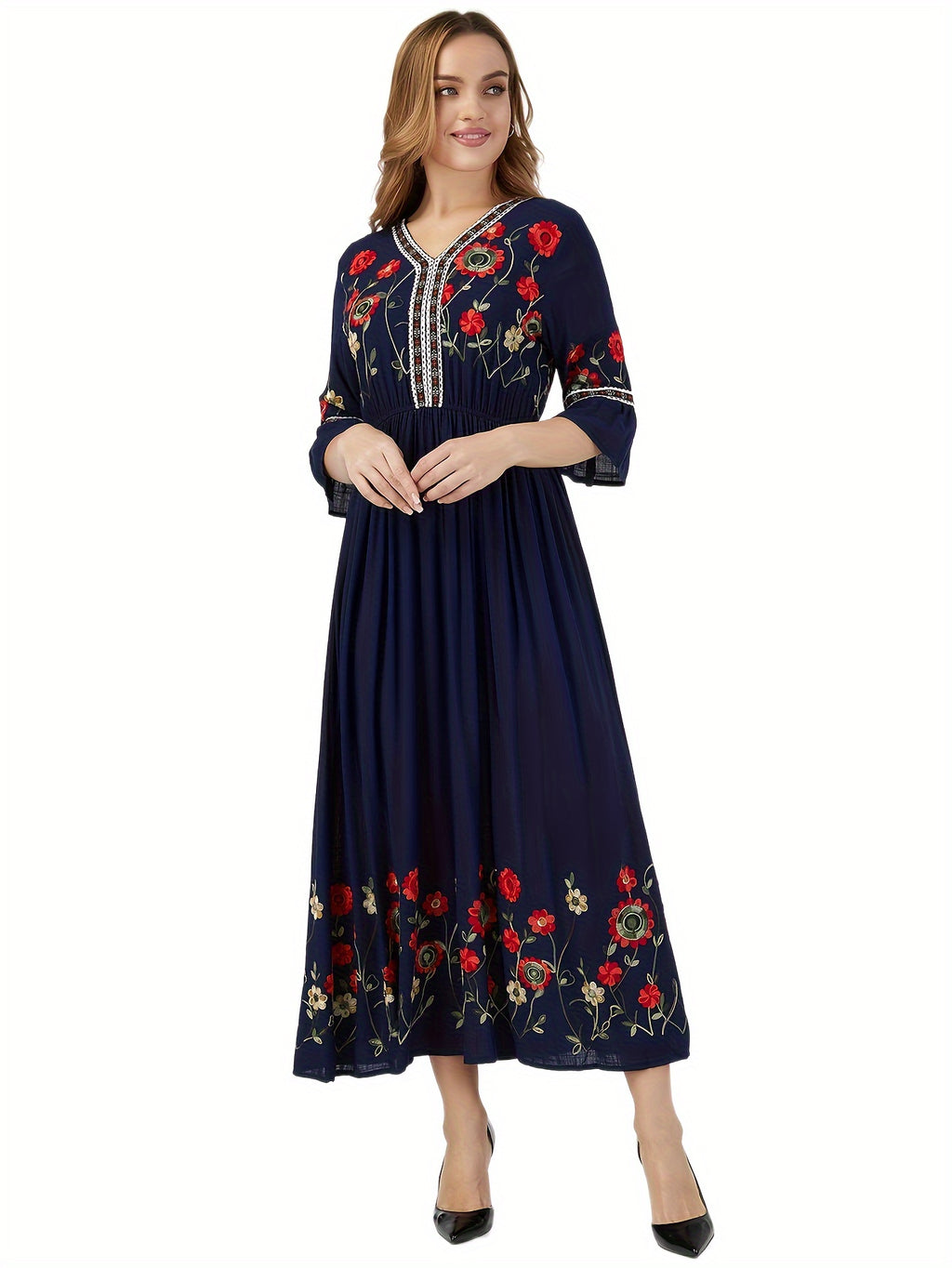Elegant Green Embroidered Maxi Dress with V-Neck and Ruffle Sleeves - Floral Pattern, Long Length, Perfect for Adult Women, All-Season Wear, Floral Dress