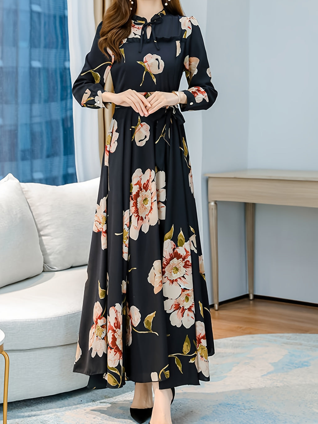 1pc Elegant Floral Print Long Sleeve V-Neck A-Line Dress for Women, Polyester Pendulum Style, Waist Design, Ruffle Trim, Perfect for Spring/Fall - Adult