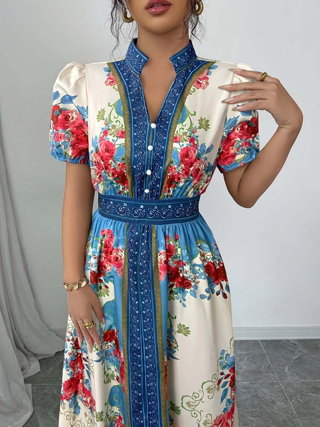 DJ0416074 Spring and Summer Floral Print Button-Decorated Elegant Dress