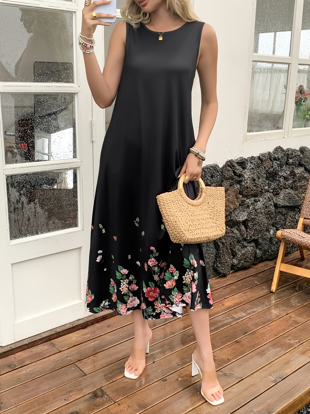 Women's New Digital Printing Holiday Leisure Elegant Business Commuter Evening Dresses Holiday Gift Pocket Suspender Dress