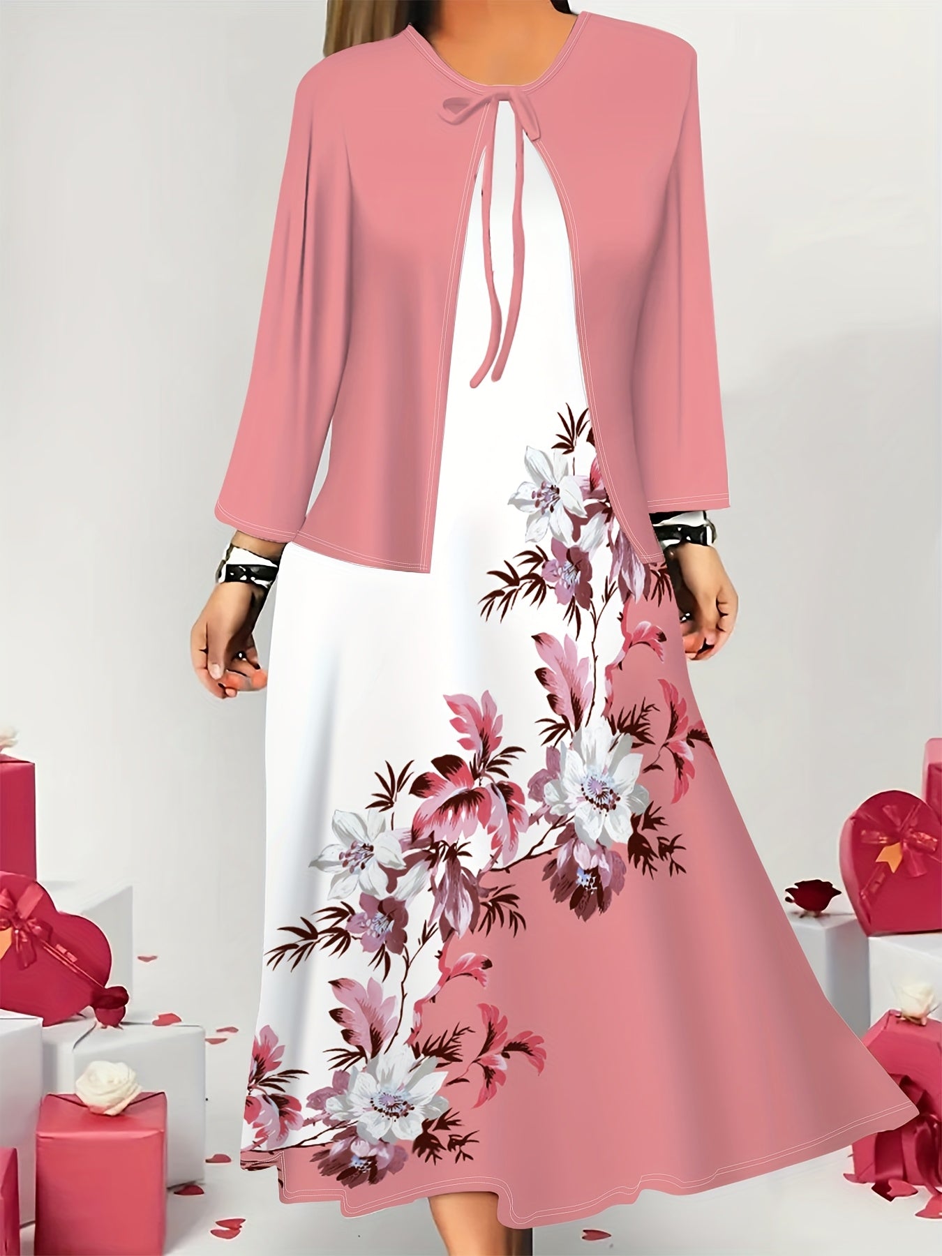 [Floral Print Dress] Elegant Floral Print Dress | Women's Pink Sleeveless Dress with Tie Waist - Lightweight Polyester, All-Season Fashion, Casual to Formal Attire