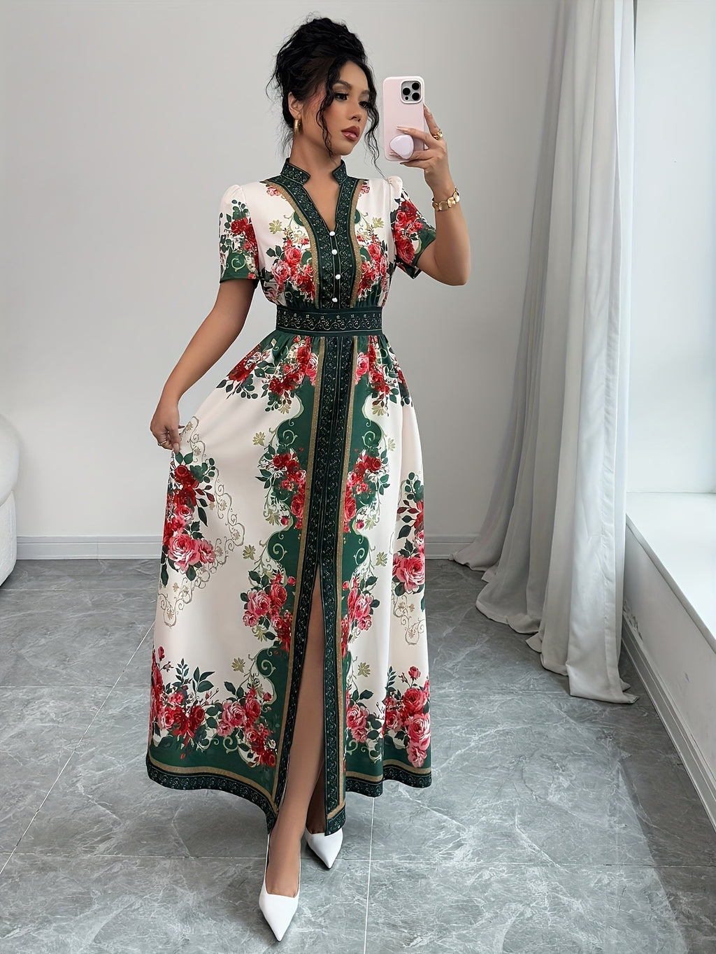 Women's Floral Print Elegant A-Line Dress with Stand-Up Collar & Puff Short Sleeves - Machine Washable Summer Long Dress with Side Slit, Regular Fit for Casual Formal Occasions, Cute Dresses