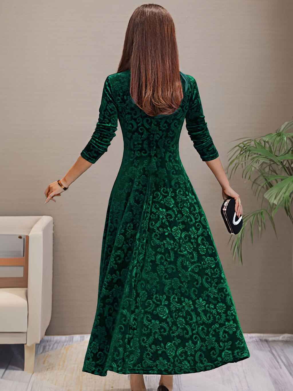 New Slim Fit And Dress With A Large Swing, Women'S Golden Velvet Long Sleeved Dress, Long Style