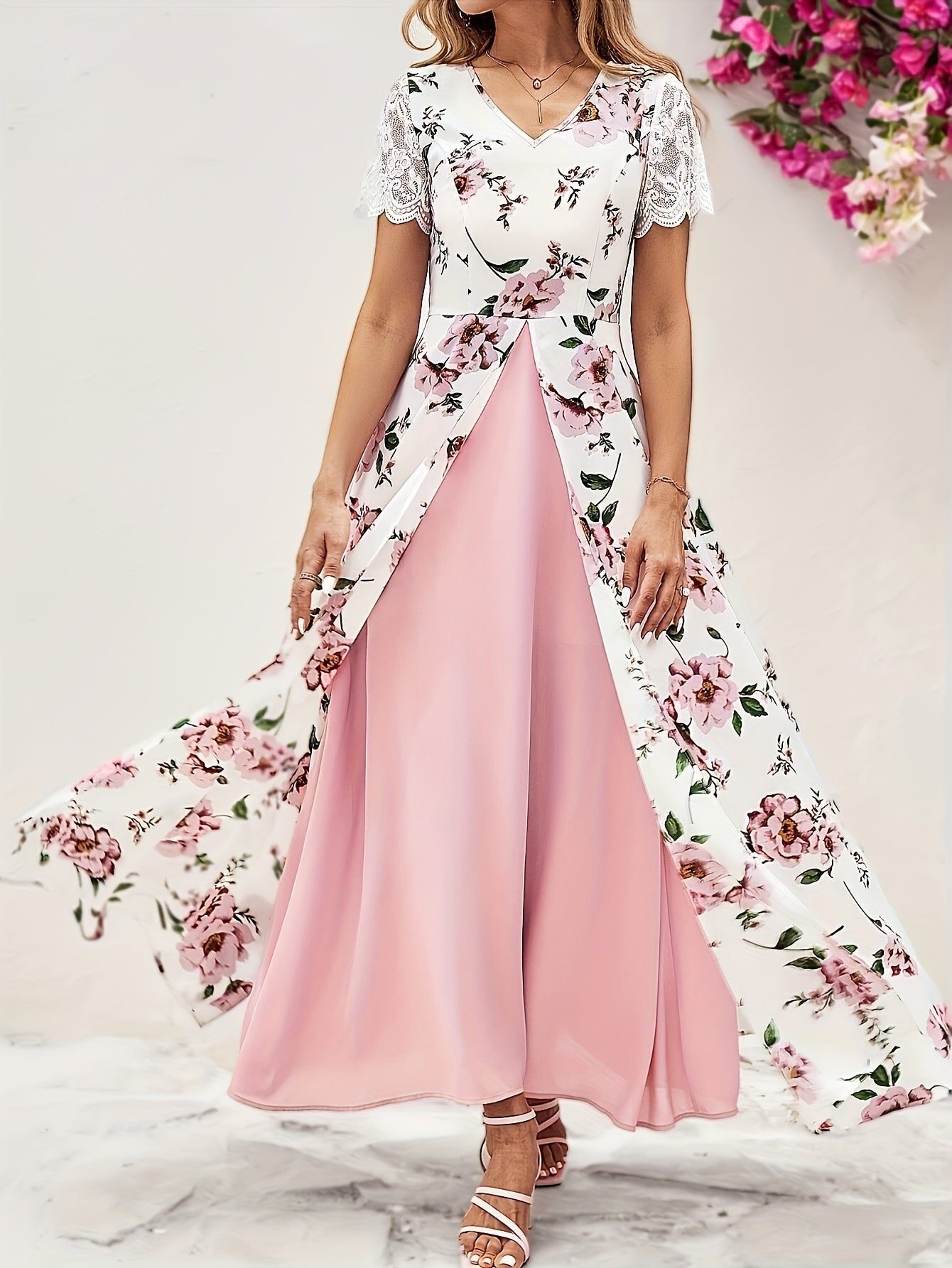 Elegant Floral Print V-Neck Midi Dress for Women - Short Sleeve, High-Low Hem, Split Front, Lightweight Polyester, Perfect for Spring/Summer/Fall, Casual Elegance Attire | Vneck Dress | Glossy Textur