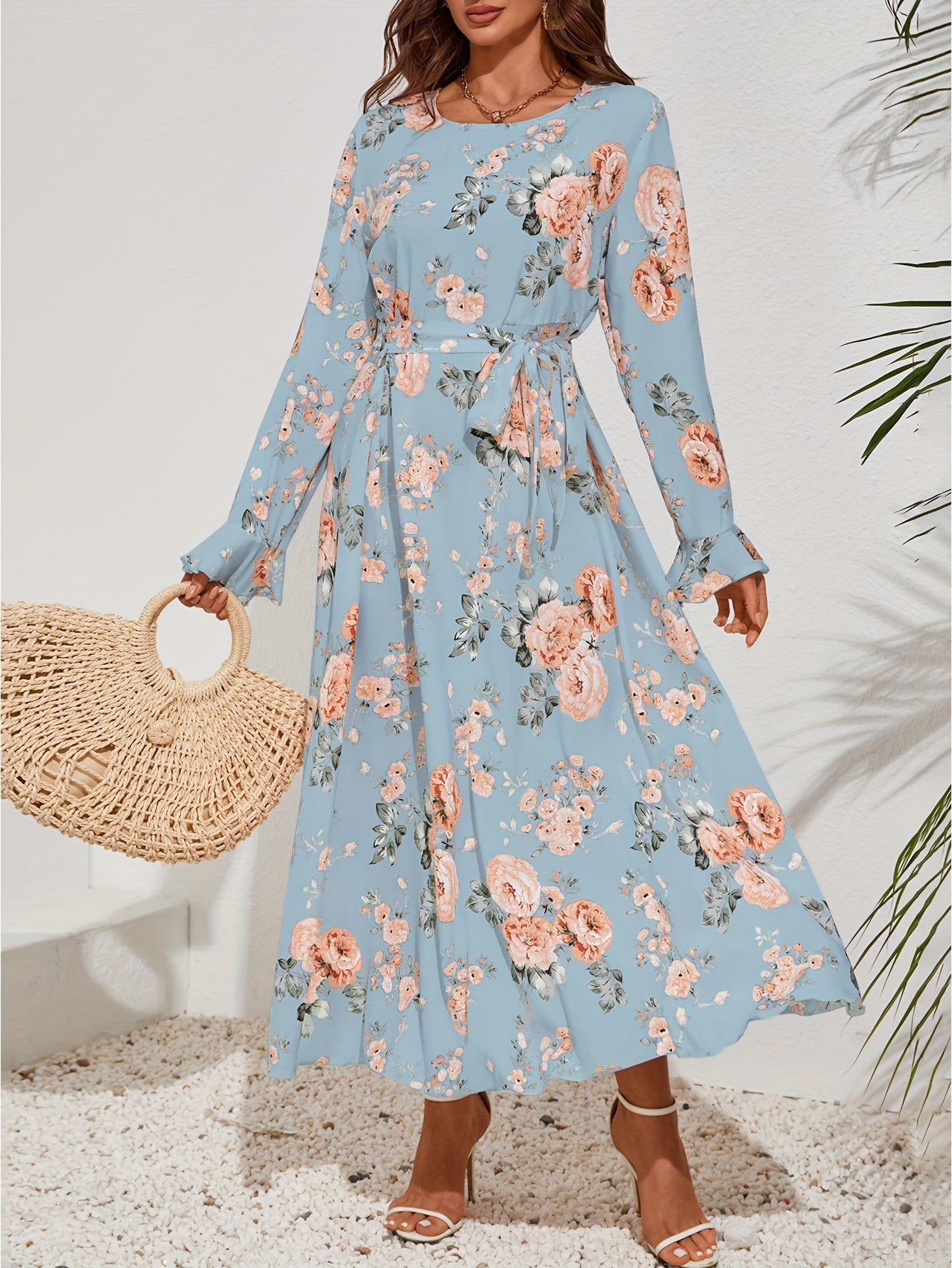 8843 Women's Elegant Bell Sleeve Floral Print A-Line Dress - Long Sleeve Round Neck Machine Washable All-Season Casual & Formal Wear, Versatile Fashion, Ruffled Skirt Style, Flowy Fabric Gown
