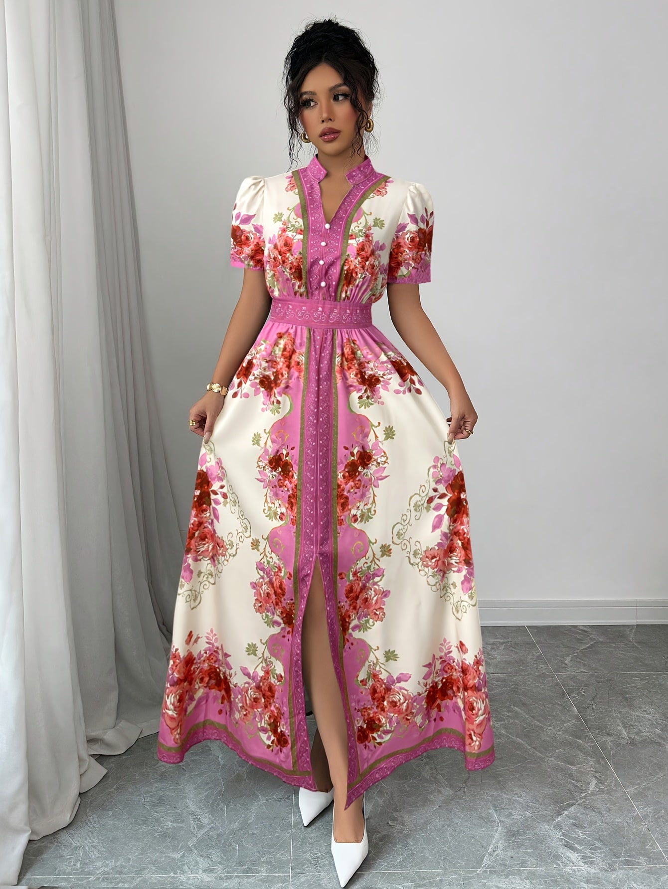 [Elegant Dress] Elegant Floral Print Women's A-Line Dress | Long Length, Machine Washable, Summer Casual & Formal Wear, Nonsheer Fabric, Breathable Material, Feminine Style