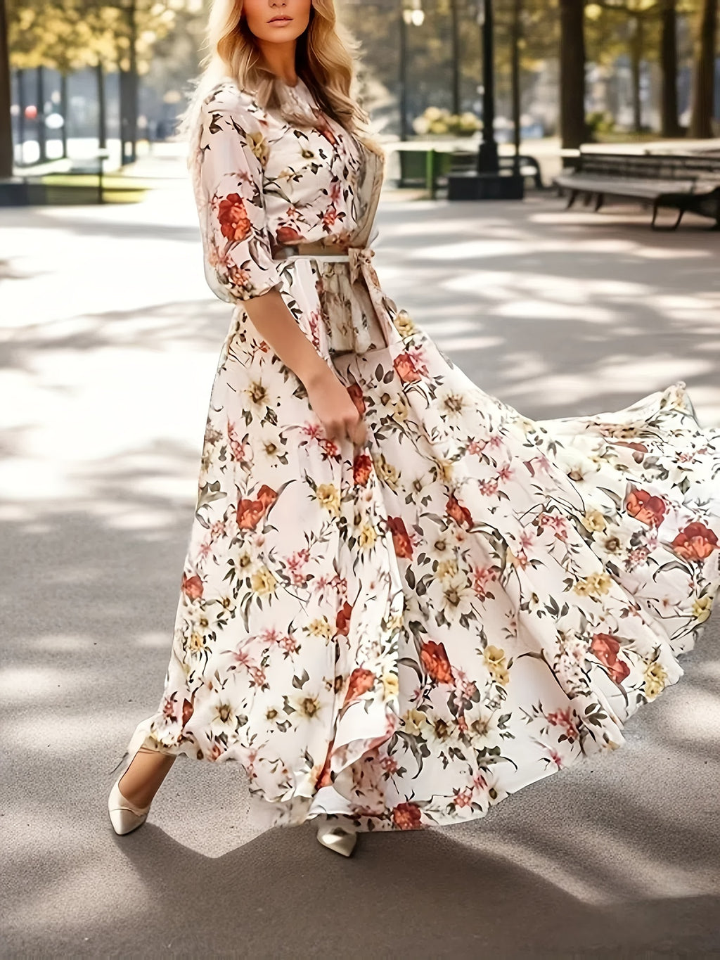 Elegant Women's Floral Swing Maxi Dress - 3/4 Length Lantern Sleeve, Ruffle Detail, White, Casual, Spring Summer Holiday Vacation Dress