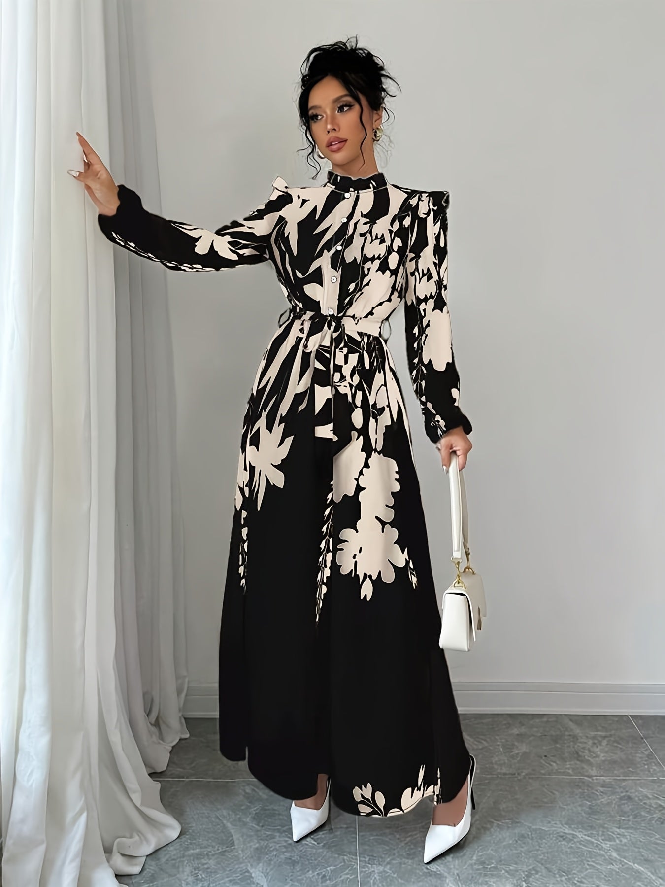 Long Sleeve Polyester A-Line Maxi Dress with Elegant Floral Print, Stand Collar, Waist Detail, Lantern Sleeves, and Ruffle Hem for Spring/Fall