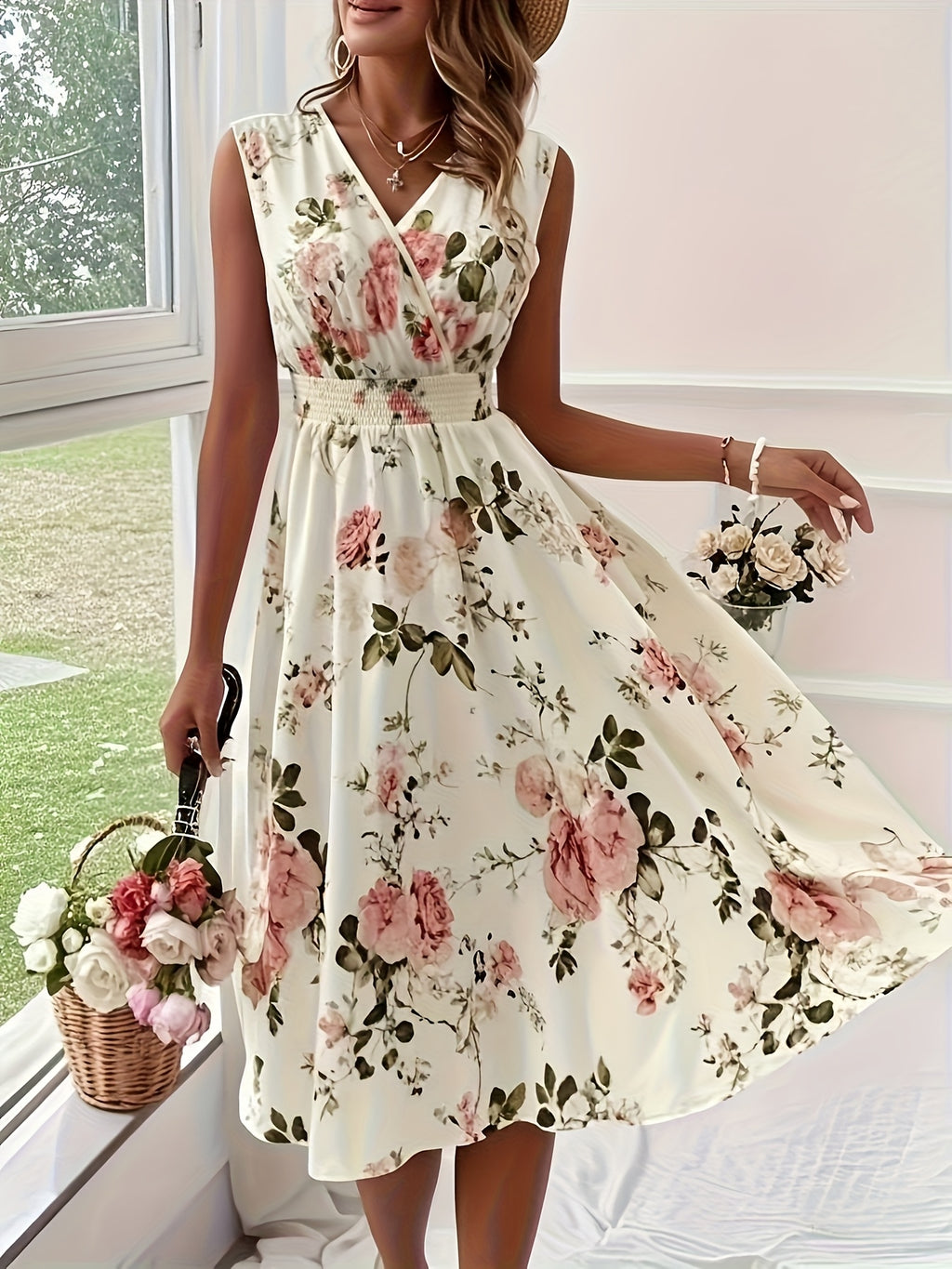 Women's Elegant Floral Print Midi Dress - V-Neck Sleeveless A-Line with Smocked Waist, Vibrant Red Flowers & Green Leaves, Machine Washable Spring Summer Casual & Semi-Formal Dress, Daytime Occasion Wear, Comfortable Fit, Feminine Style